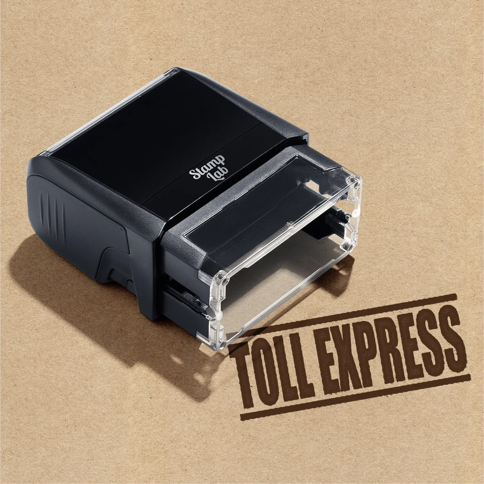 self inking rubber stamp predesigned with Toll Express brown ink
