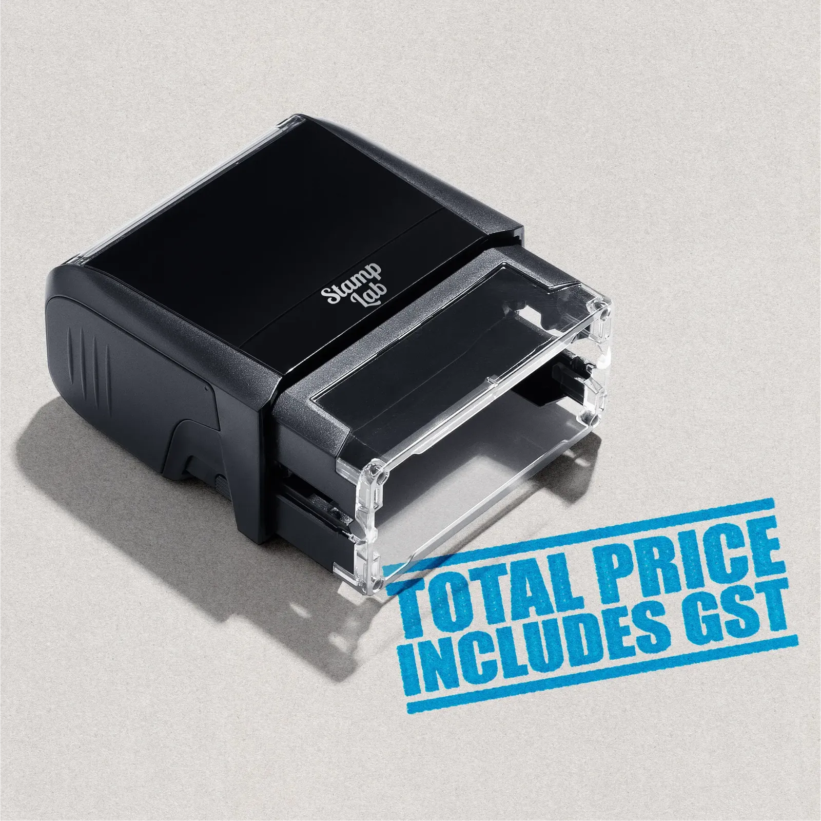 pre-designed rubber stamp "Total Price Includes GST" text turquoise ink