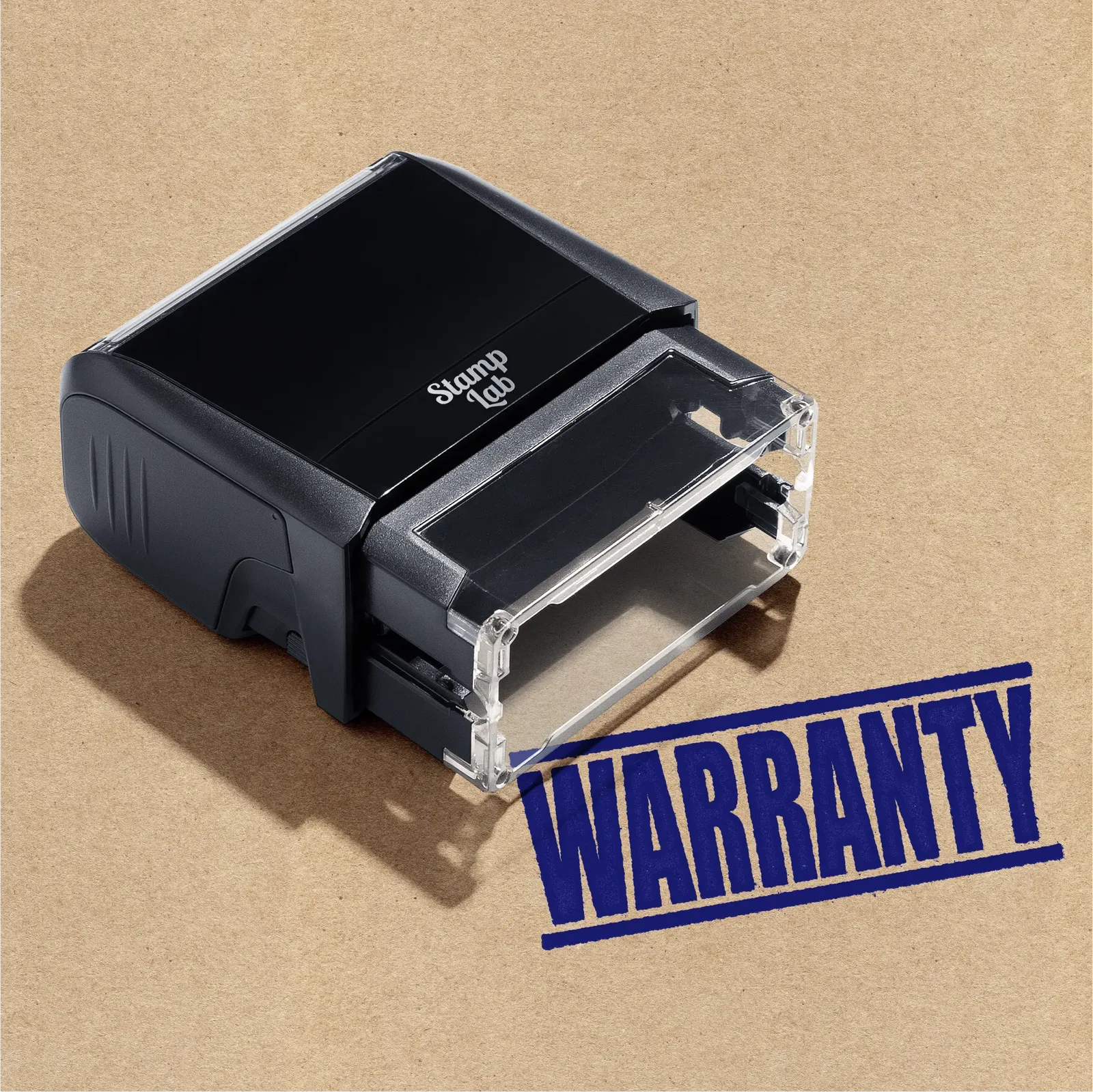 mock up design or lifestyle image of 'Warranty ' rubber stamp blue ink in paper background stampers hand stamp office business inventory documents self inking prefill refillable stamps stamping