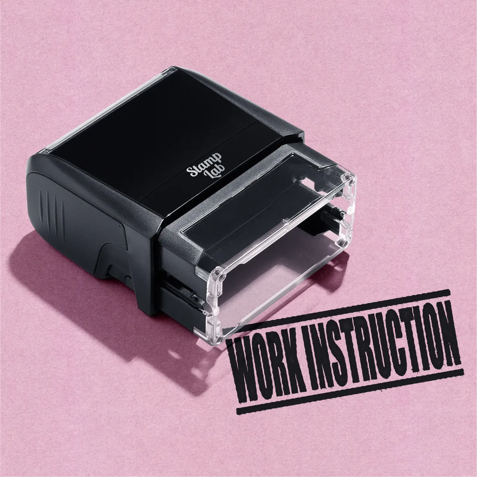 Black ink, "Work Instruction" labelling stamp