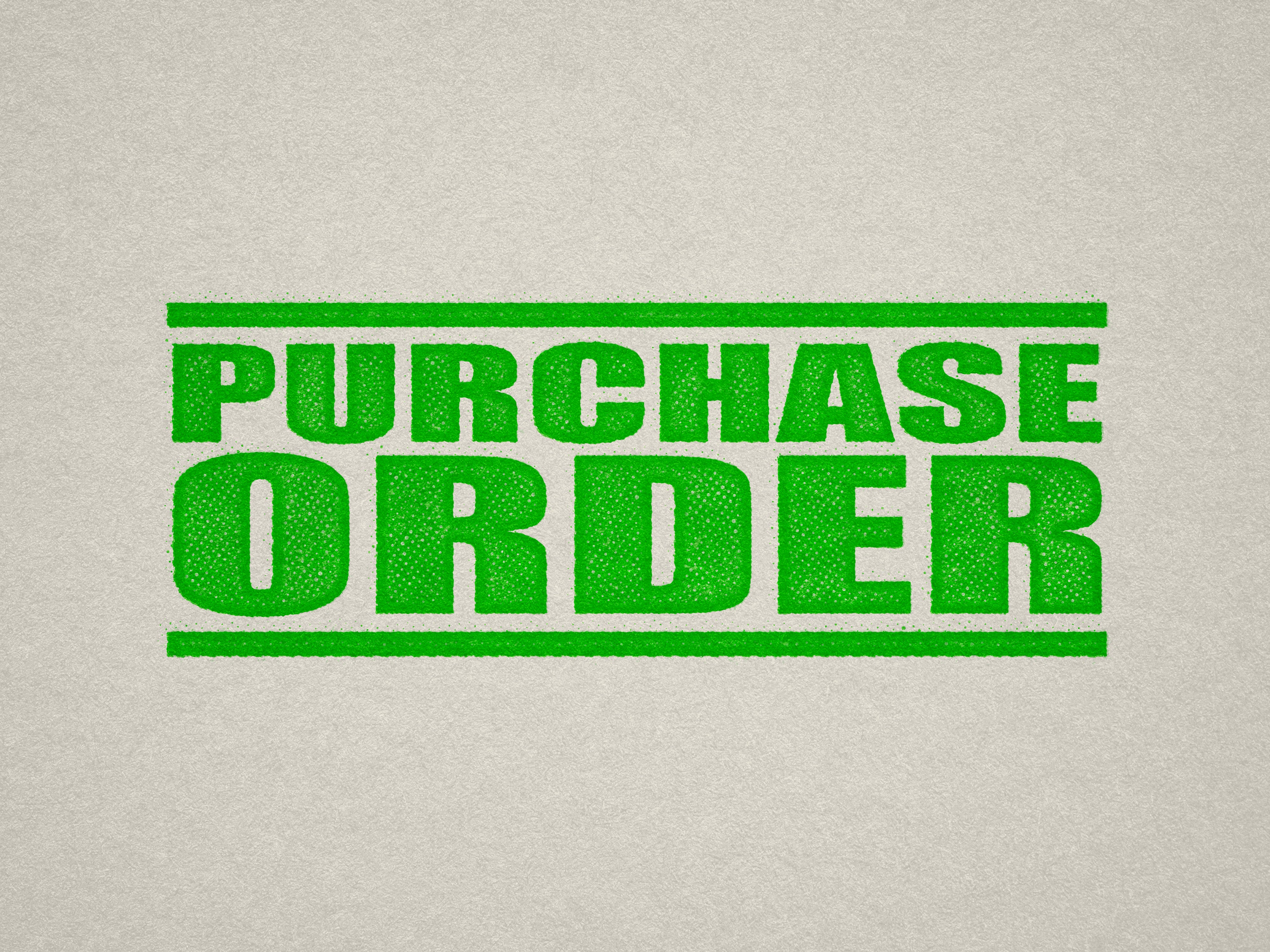 Purchase Order text stamp, apple-green ink