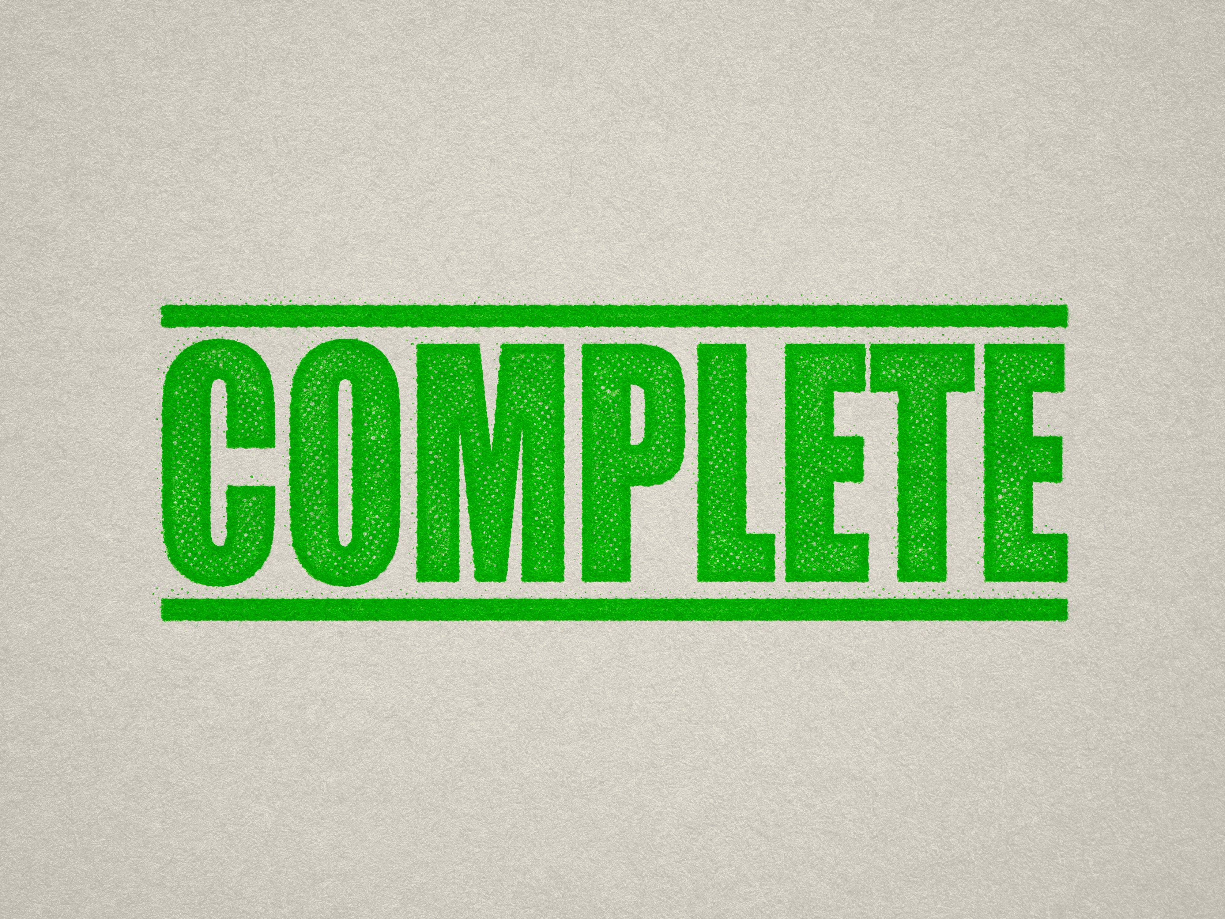 mock up design of 'Complete" rubber stamp apple green ink in paper background stampers hand stamp office business inventory documents