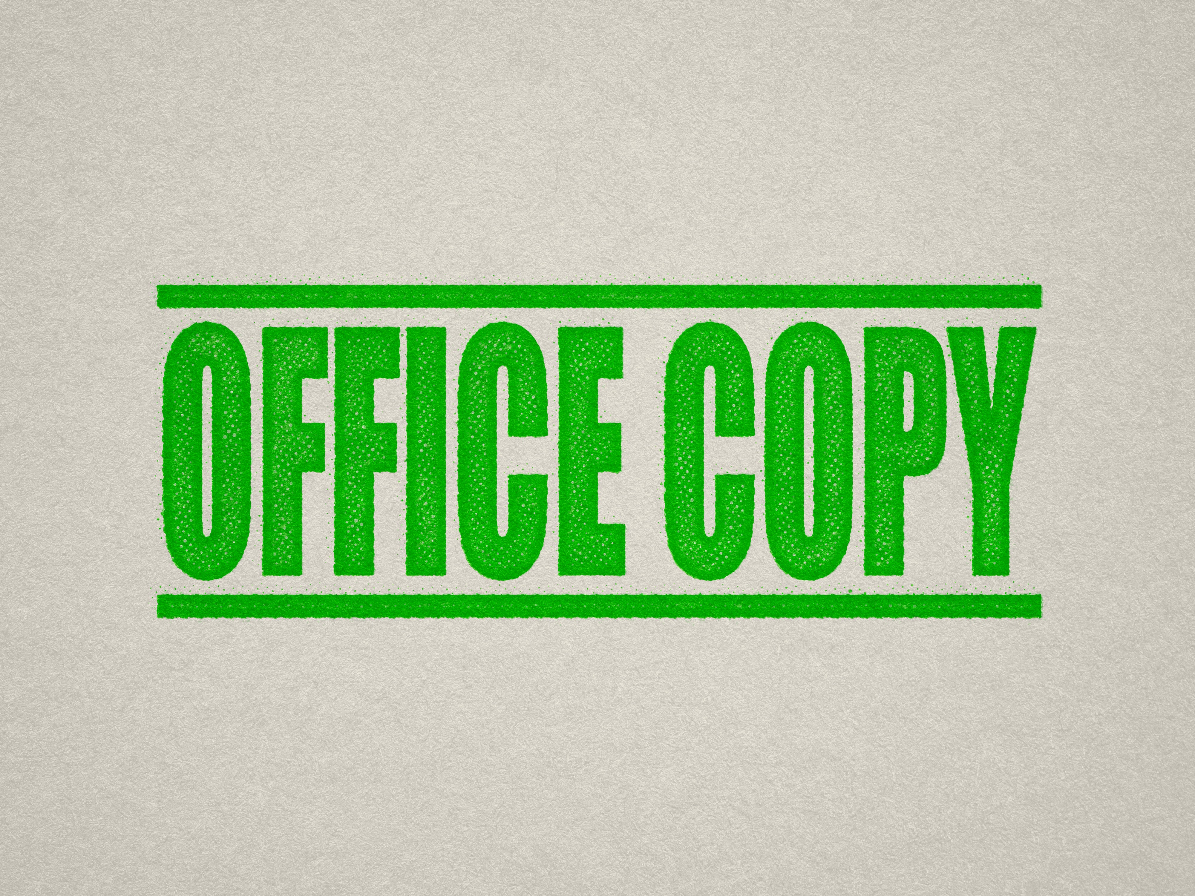 mock up design of 'Office Copy" rubber stamp apple green ink in paper background stampers hand stamp office business inventory documents self inking prefill refillable stamps stamping