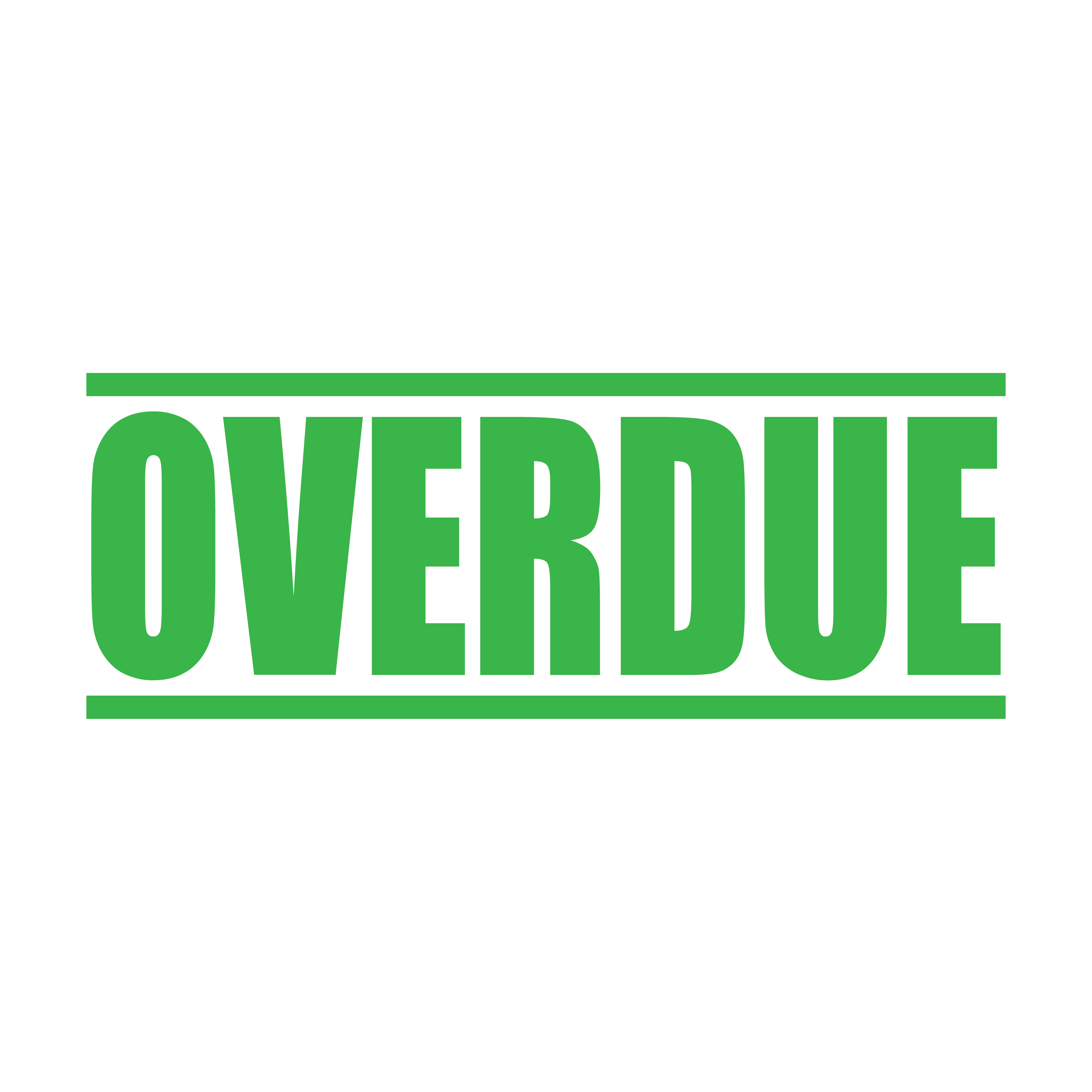 A apple green self inking rubber stamp with the word 'Overdue ' printed in bold capital letters in apple green ink. stampers hand stamp office business inventory documents