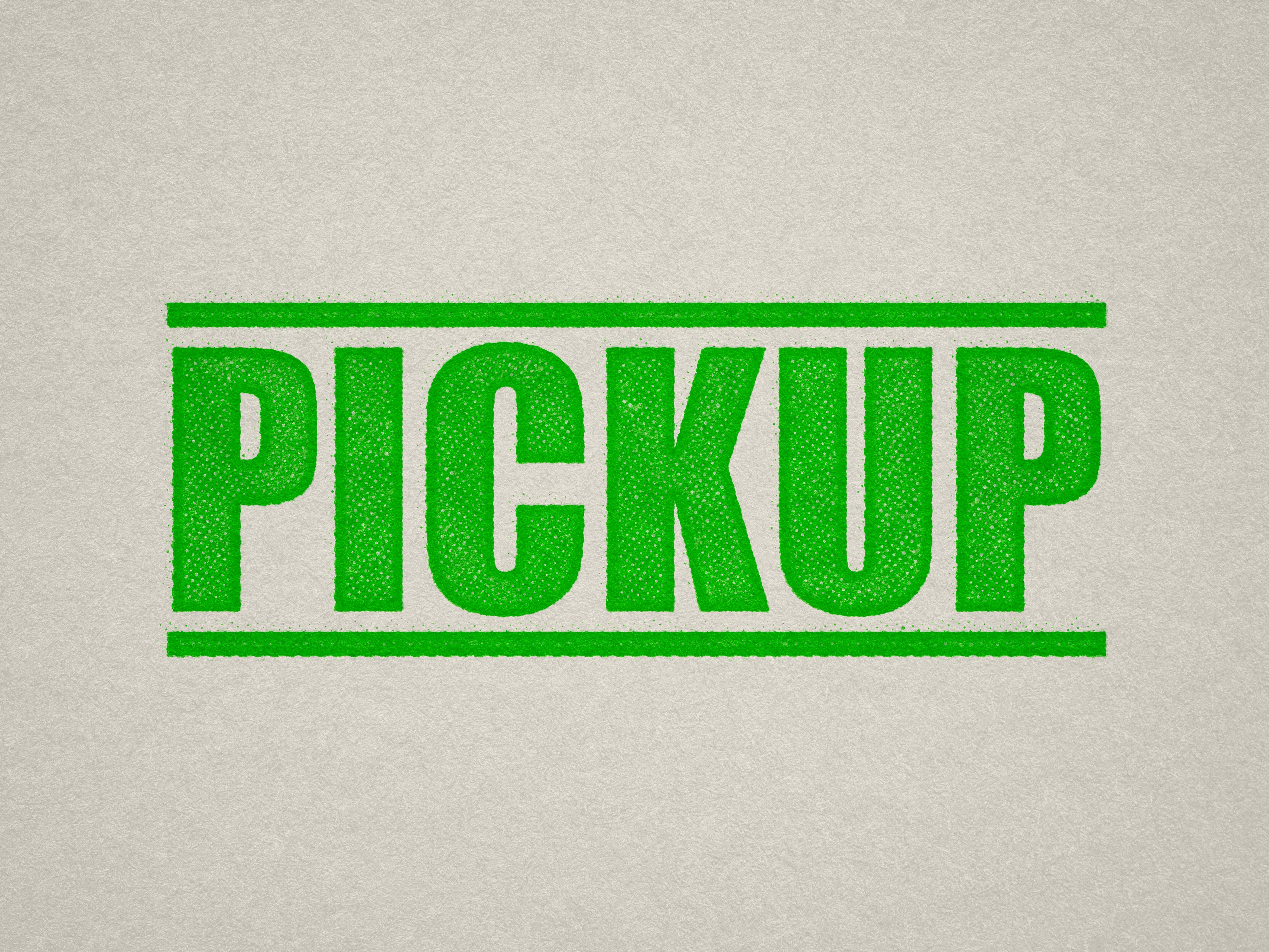 mock up design of 'Pickup" rubber stamp apple green ink in paper background stampers hand stamp office business inventory documents pick up