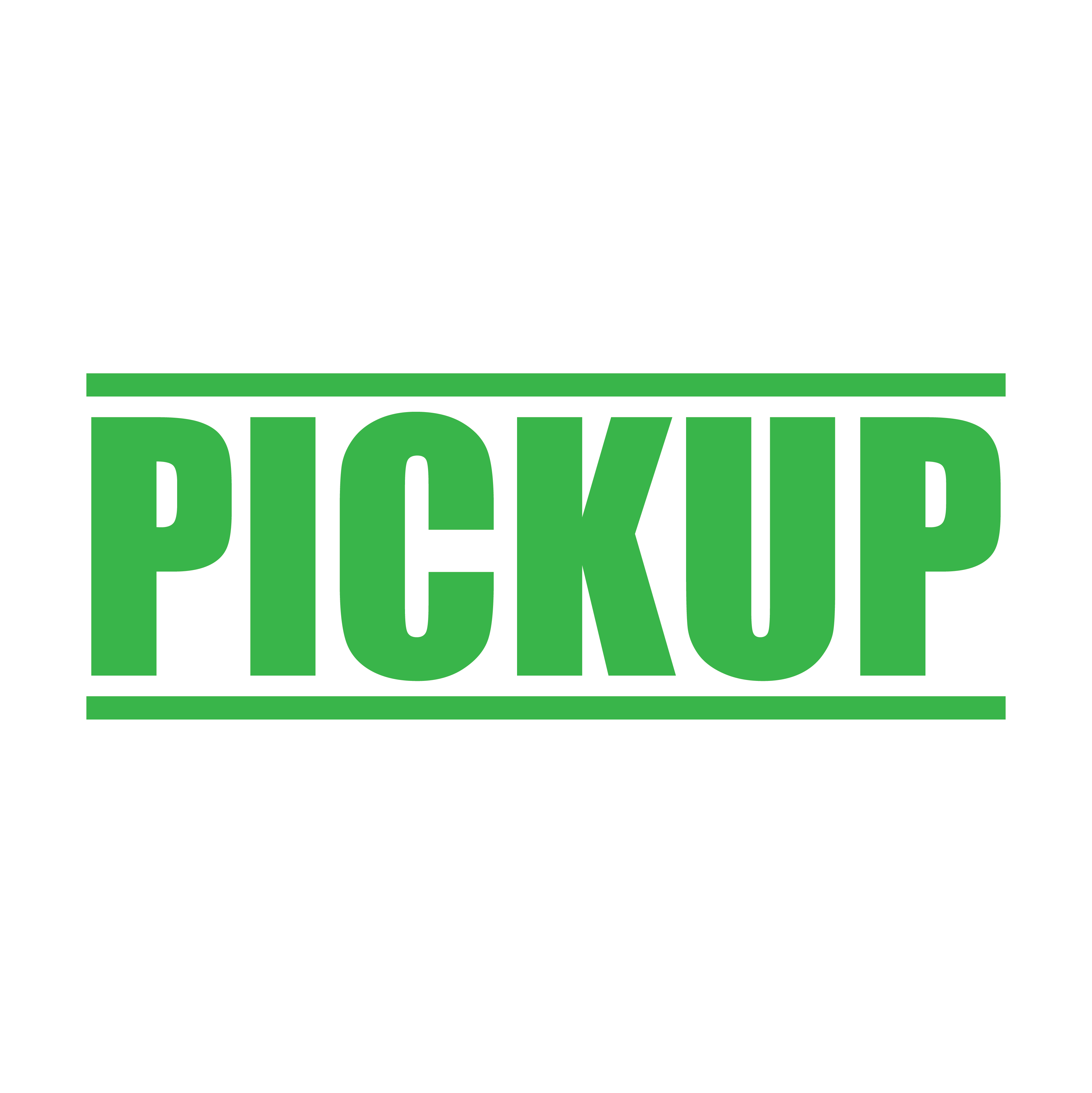 A apple green self inking rubber stamp with the word 'Pickup' printed in bold capital letters in apple green ink. stampers hand stamp office business inventory documents pick up
