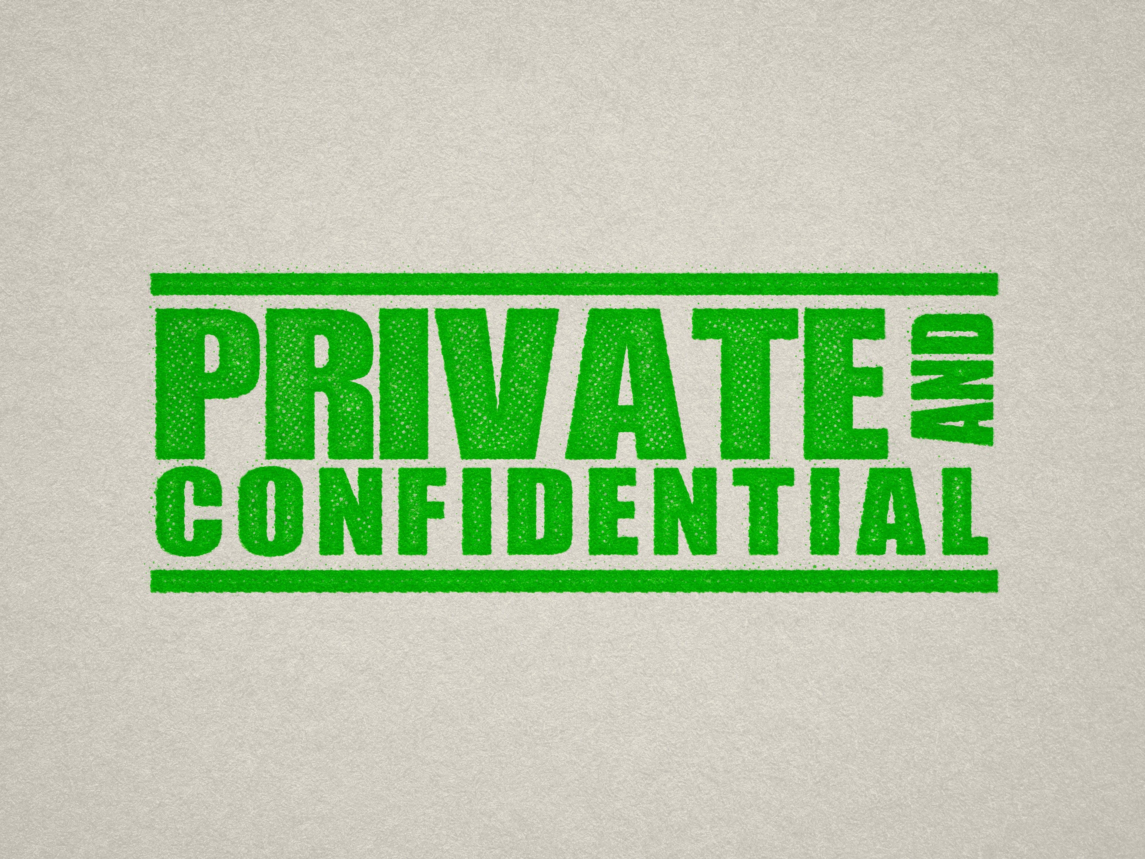 mock up design of 'Private and Confidential" rubber stamp apple green
ink in paper background stampers hand stamp office business inventory documents