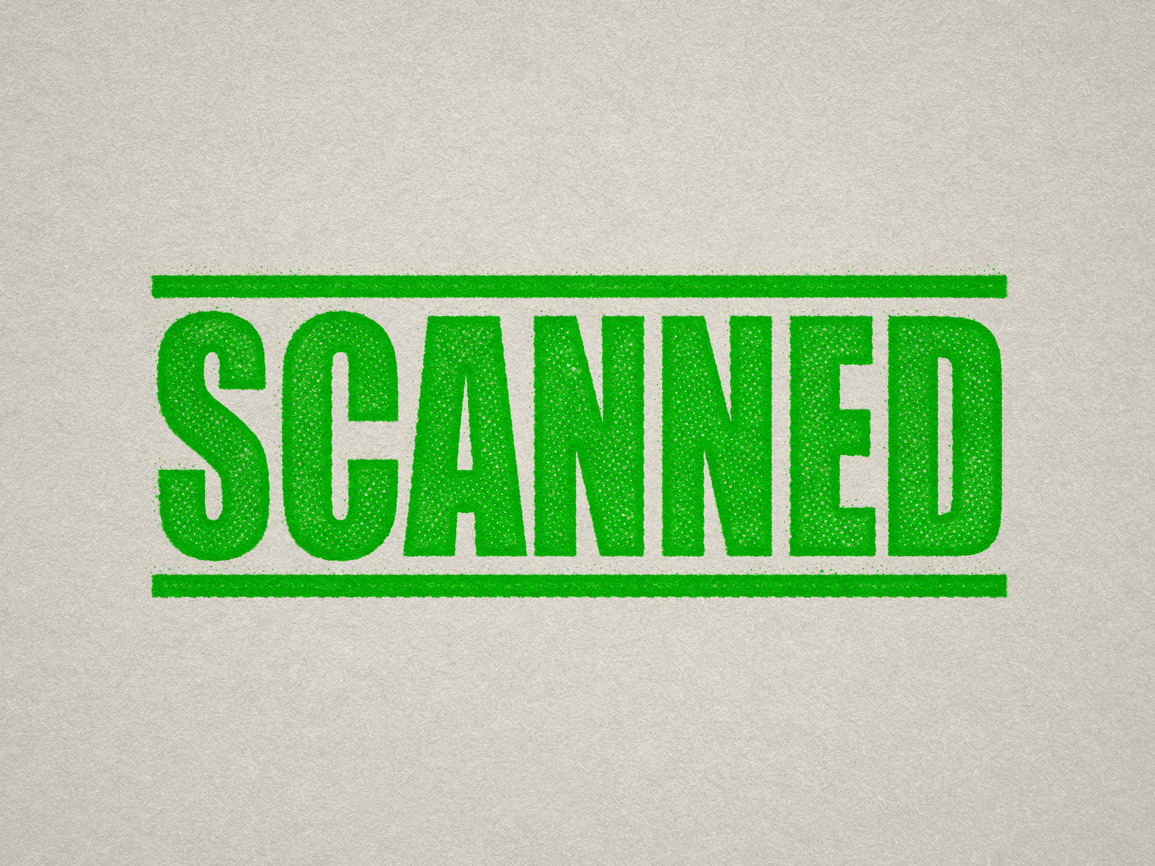 Mock up design or lifestyle image of 'SCANNED' rubber stamp apple green ink in paper background stampers hand stamp office business inventory documents self inking prefill refillable stamps stamping