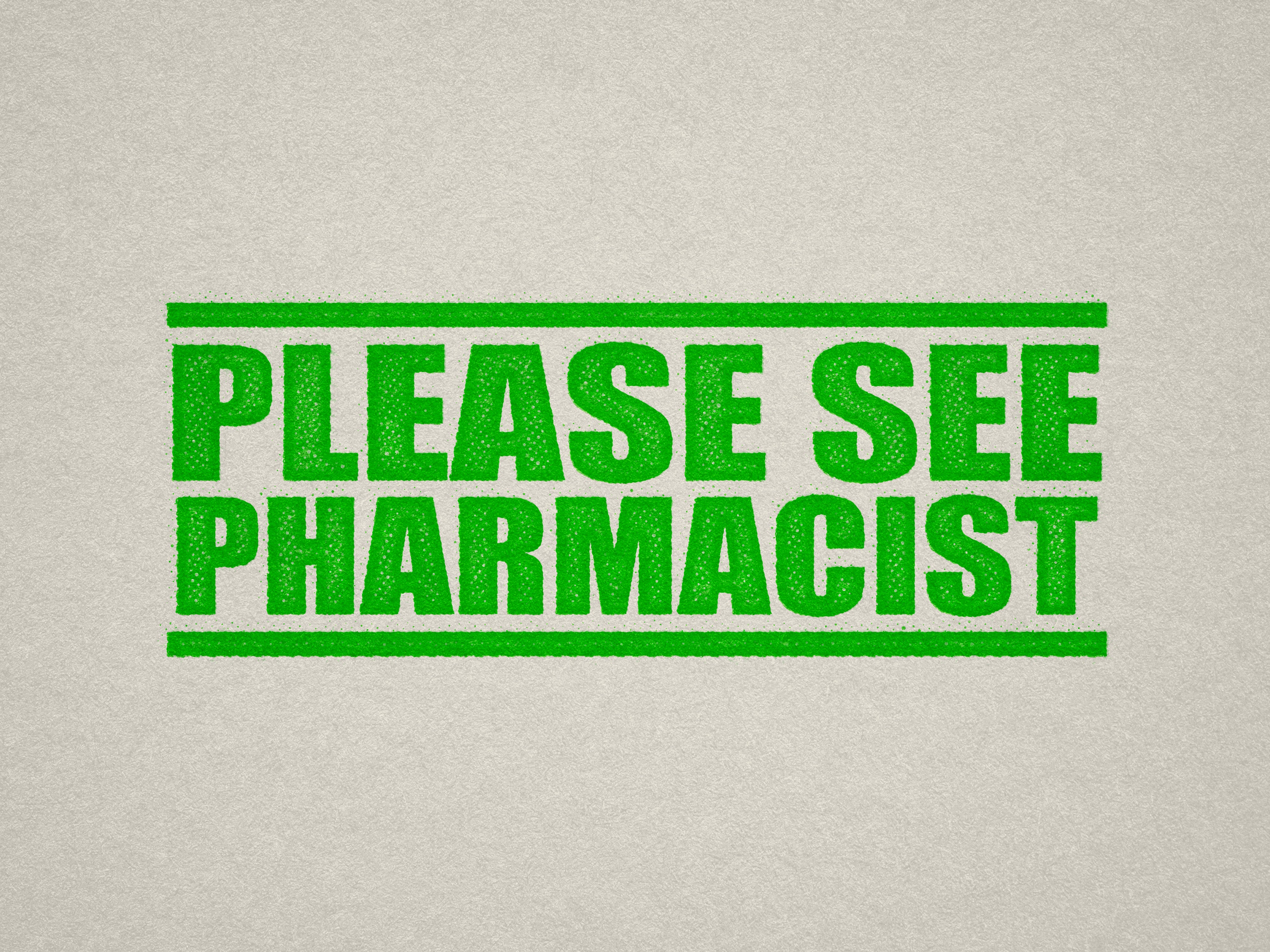 apple green stock design stamp 'PLEASE SEE PHARMACIST'