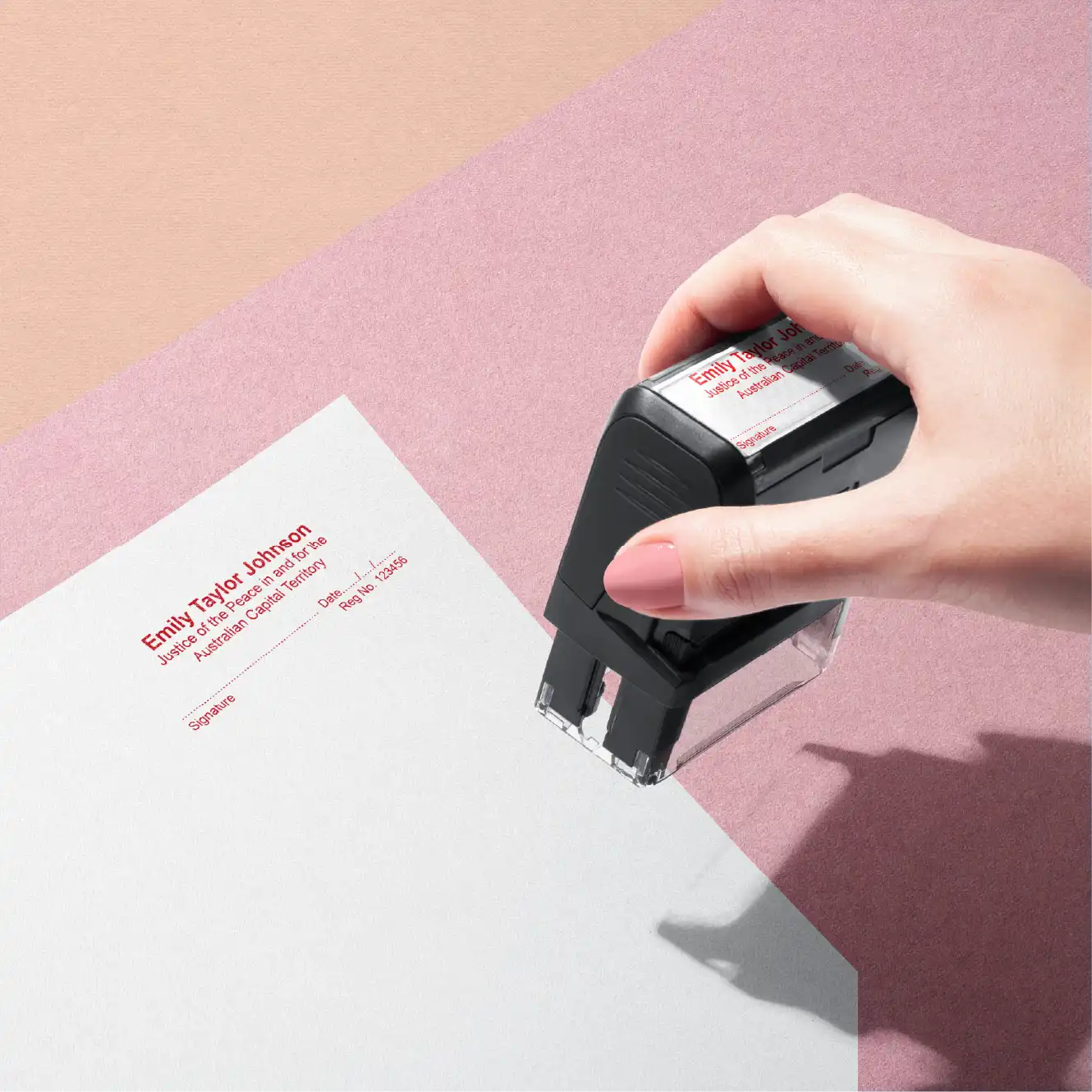 lady stamping personalised Australian Capital Territory JP Name stamp