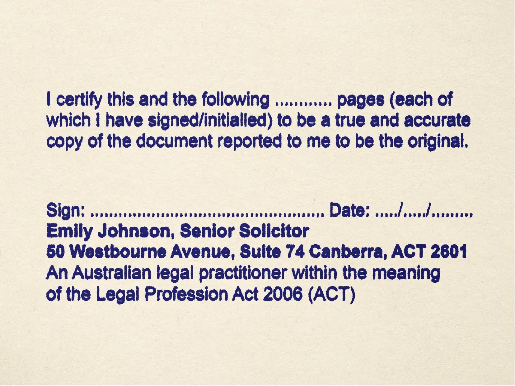 blue mock impression, ACT multi-page solicitor stamp blue ink