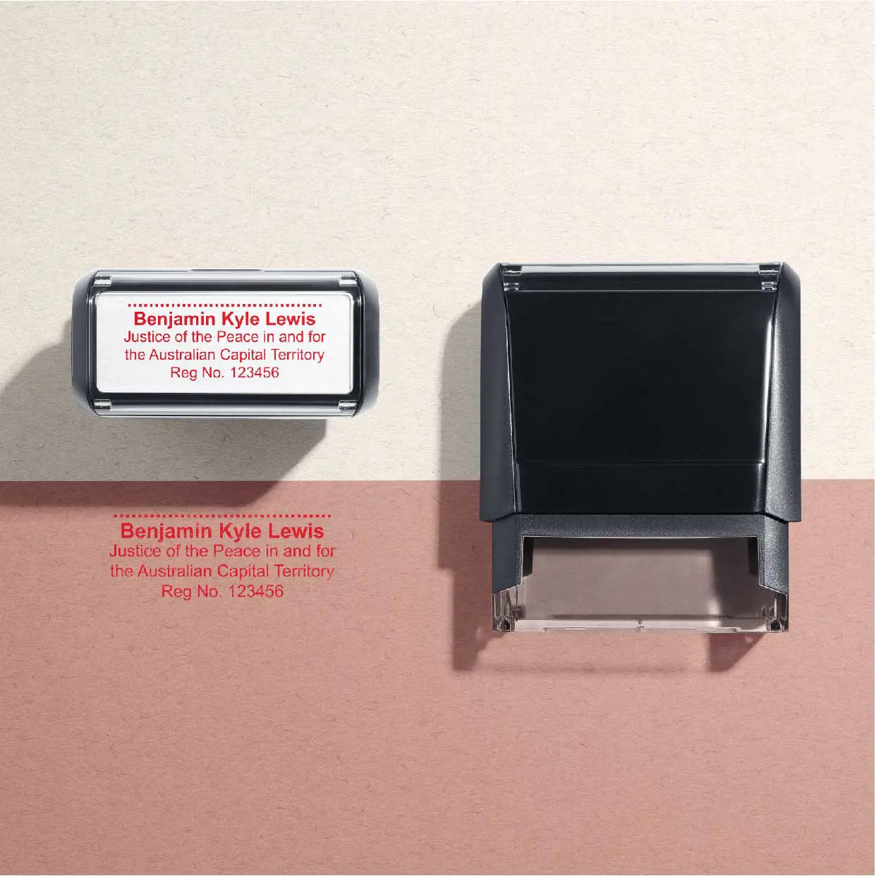 Red ACT JP stamp Personalised with Name, Registration, and Signature Red Ink