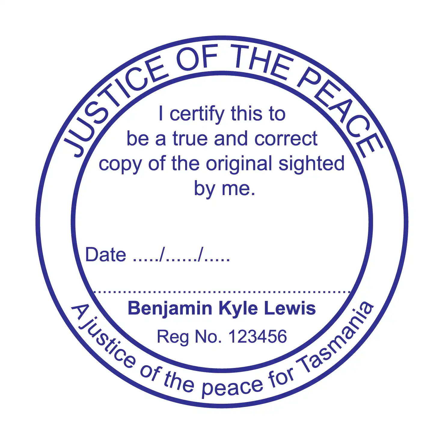 Blue Personalised JP True copy stamp with signature line name and details blue ink