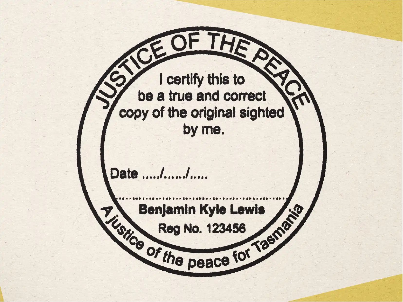 Mock impression of custom Tas JP stamp Round True copy with Signature line