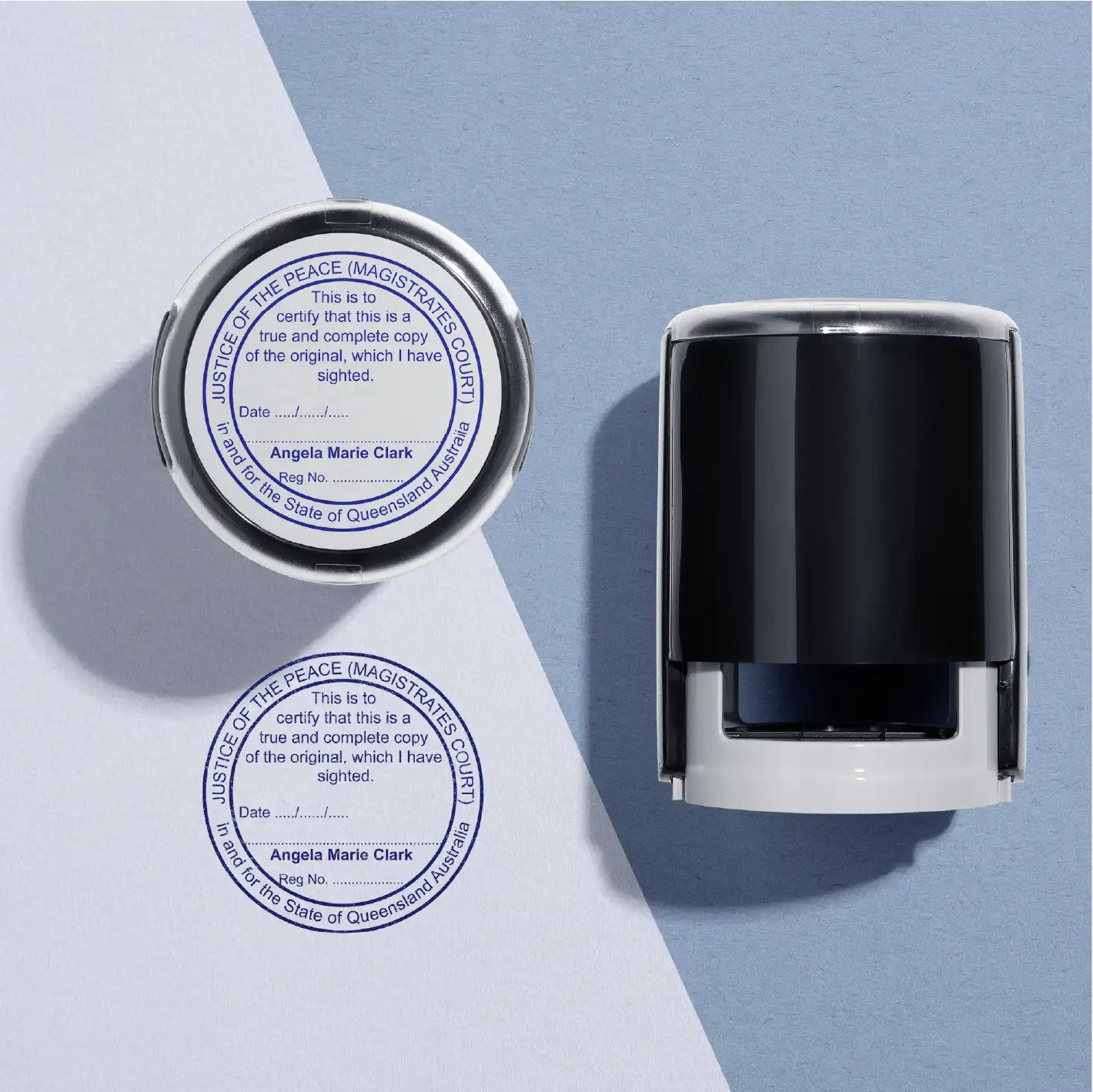 Blue Custom JP stamps QLD true copy