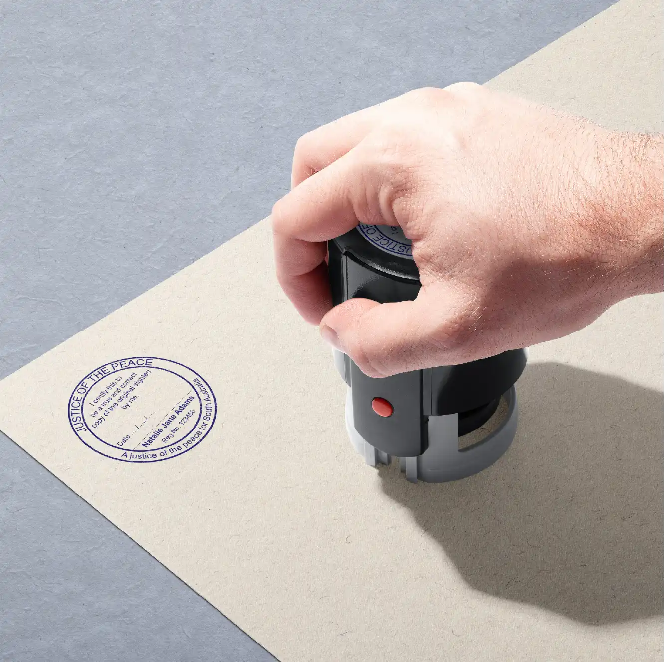 Hand stamping Round Custom JP stamp South Australia