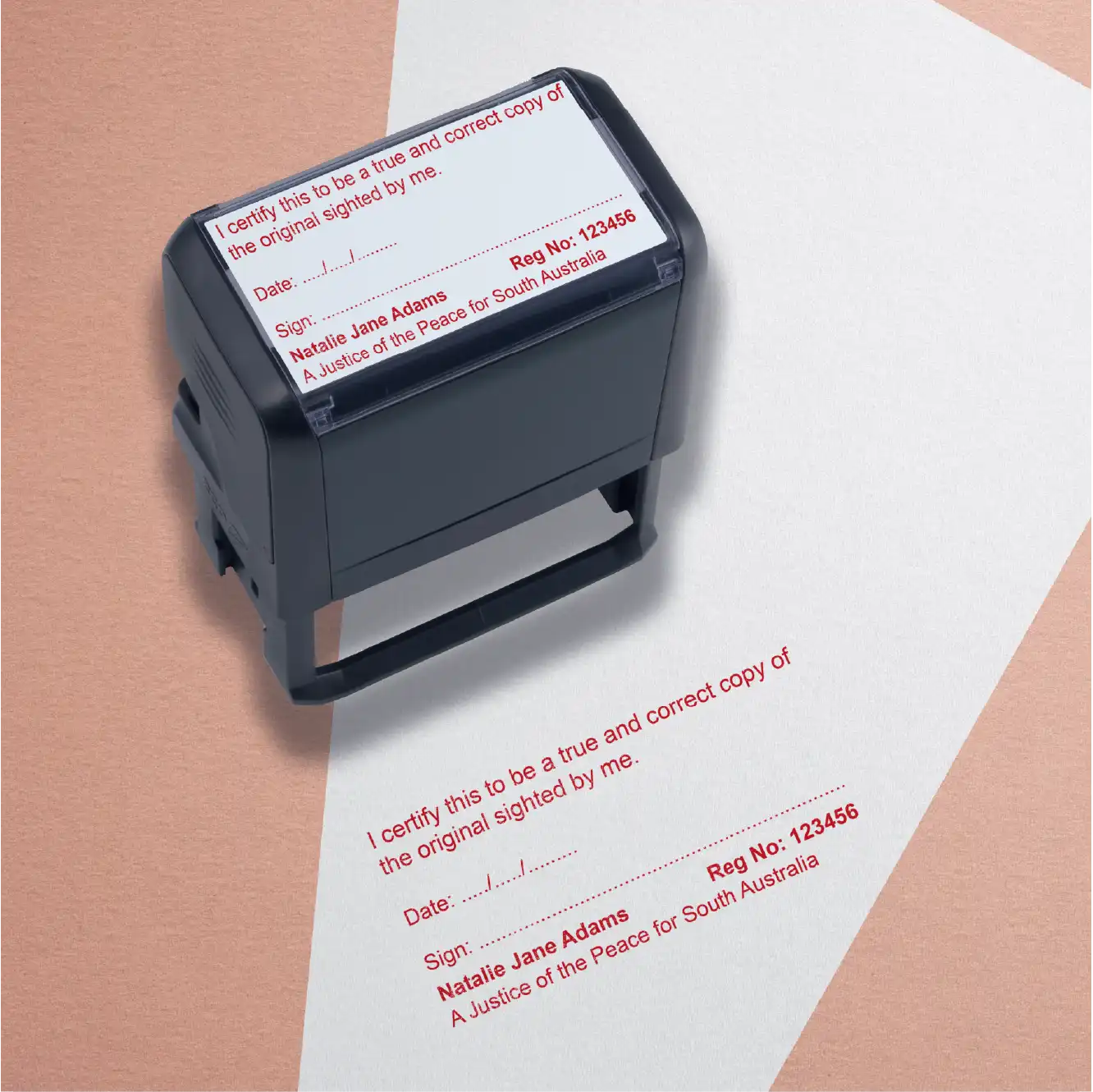 Justice of the peace stamp large with name, registration number and true copy text