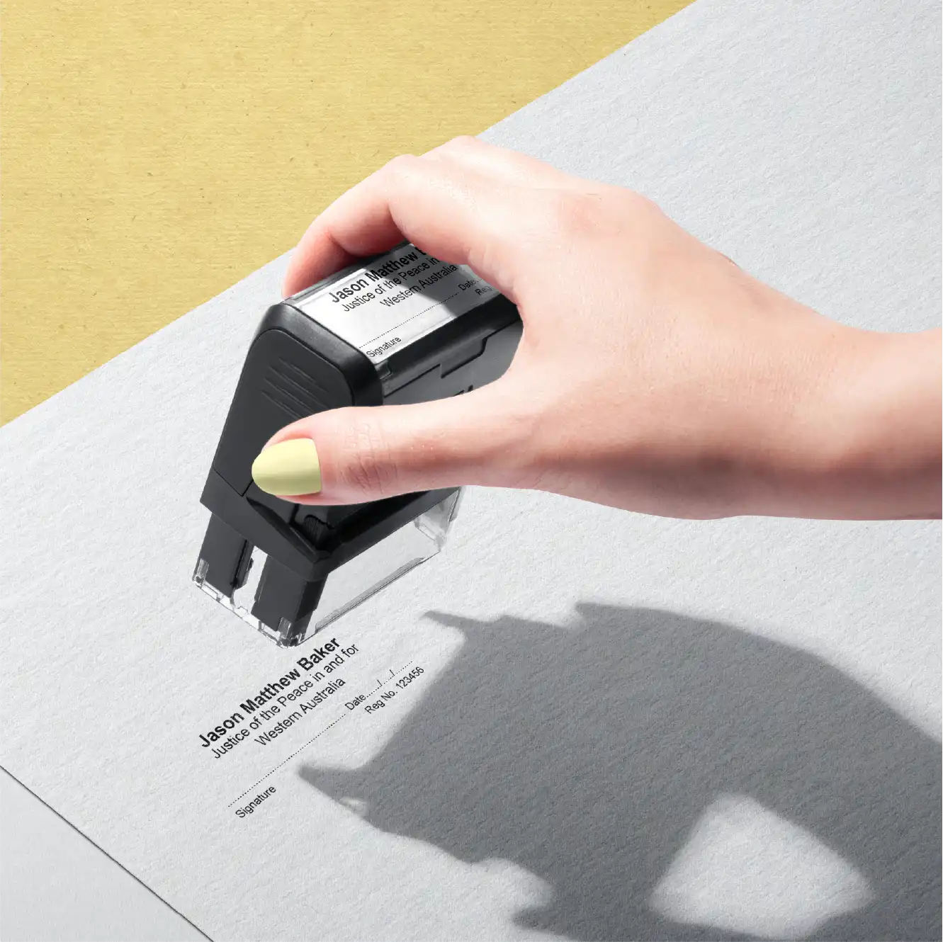 Lady Hand stamping Legal Name stamp