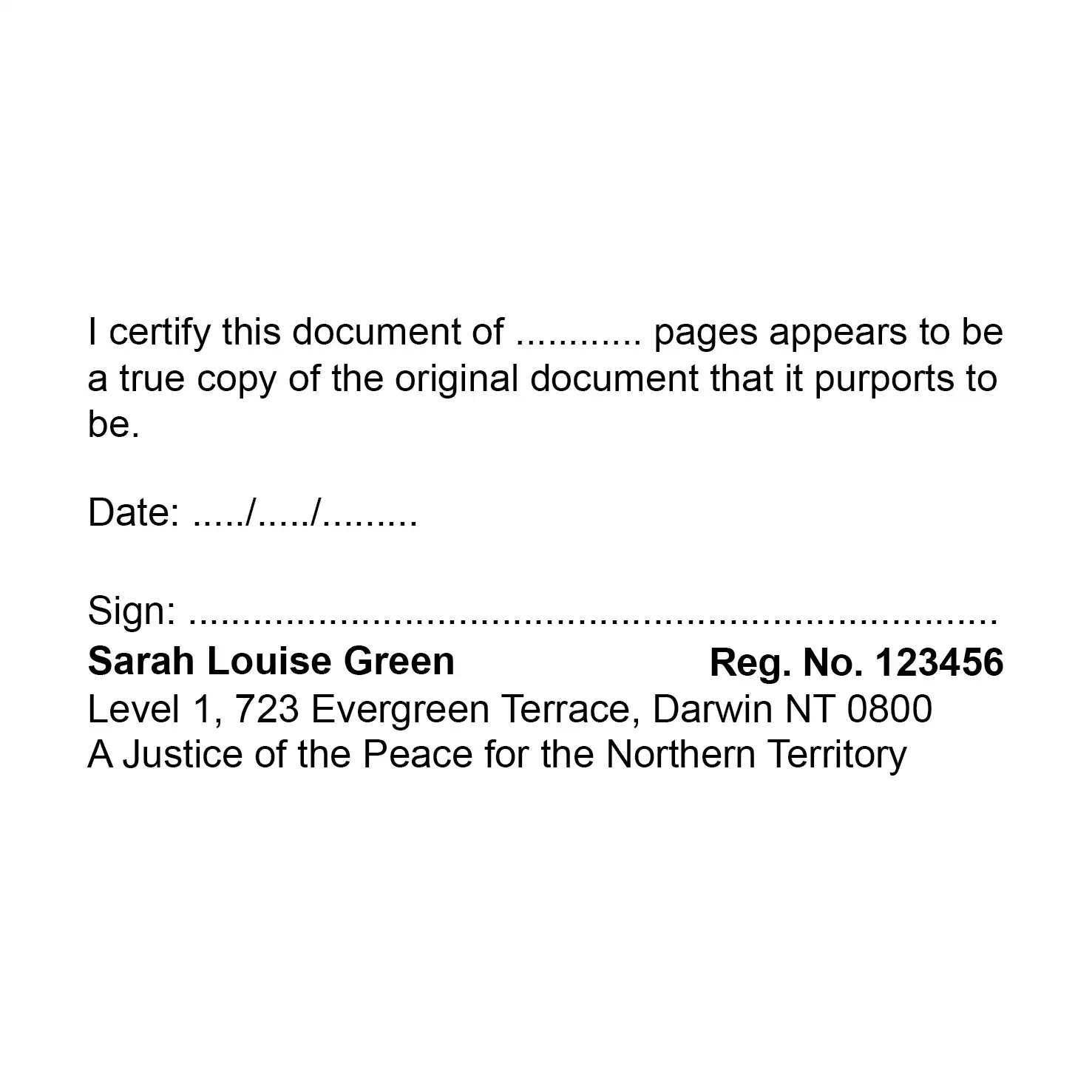 Black rubber stamp for multiple page document certification Northern Territory