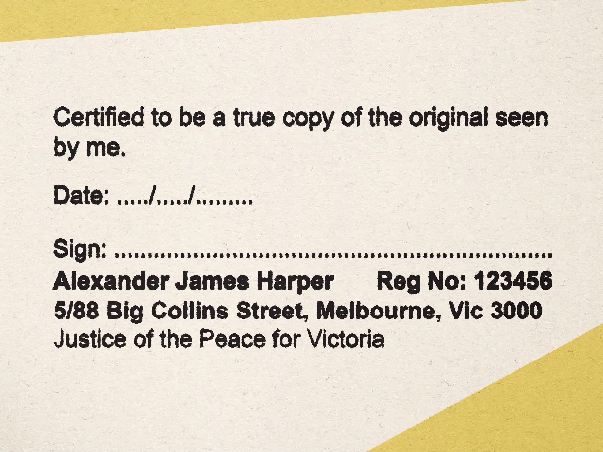 Black mock impression customised JP stamps Vic true copy, large