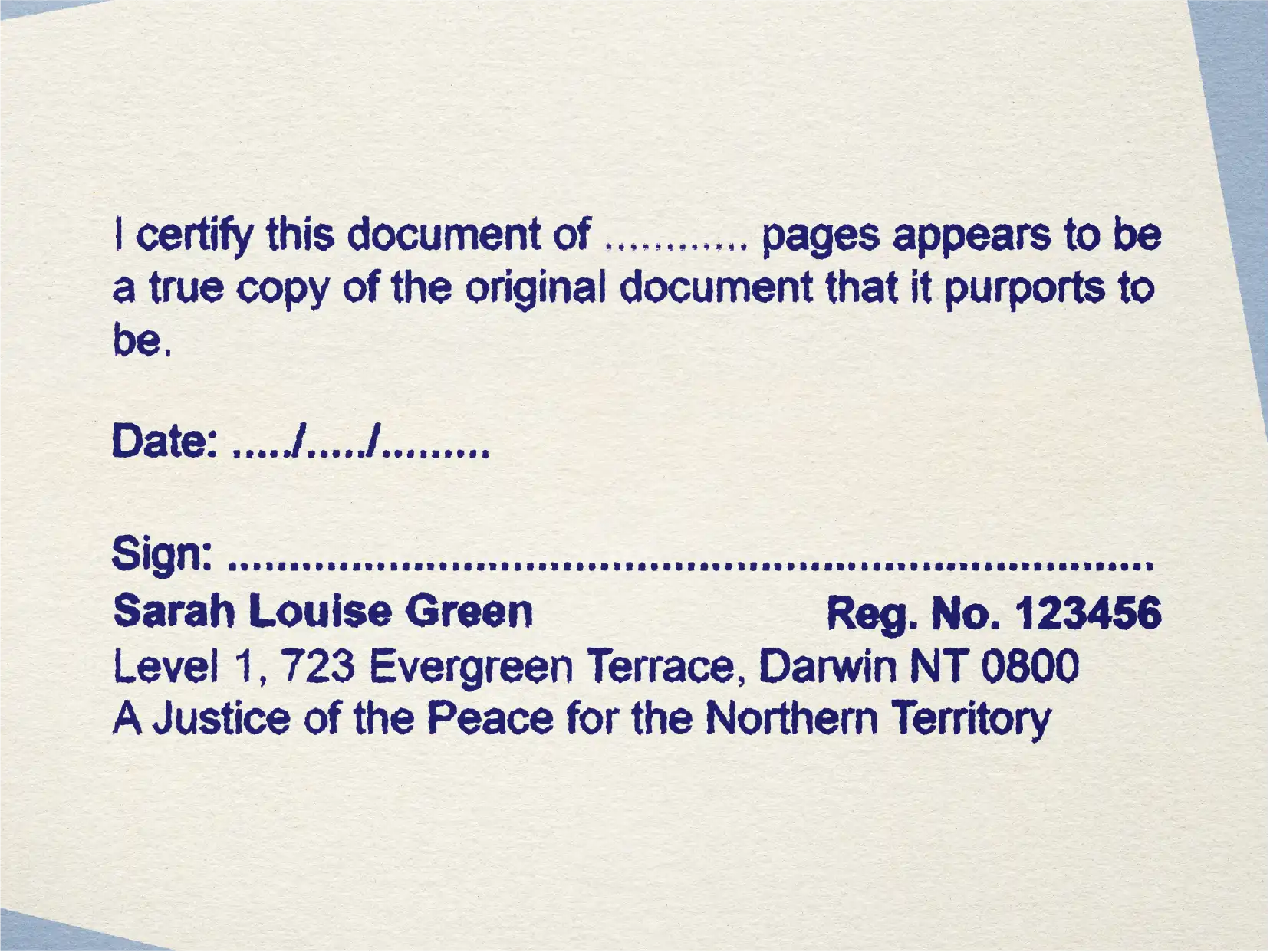 Self-Inking NT Justice of the Peace True copy Multi page stamps