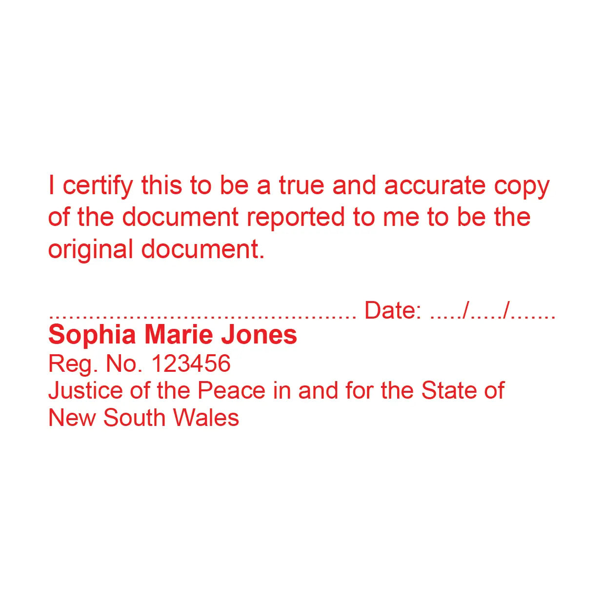 Personalised True Copy stamps NSW Red Ink