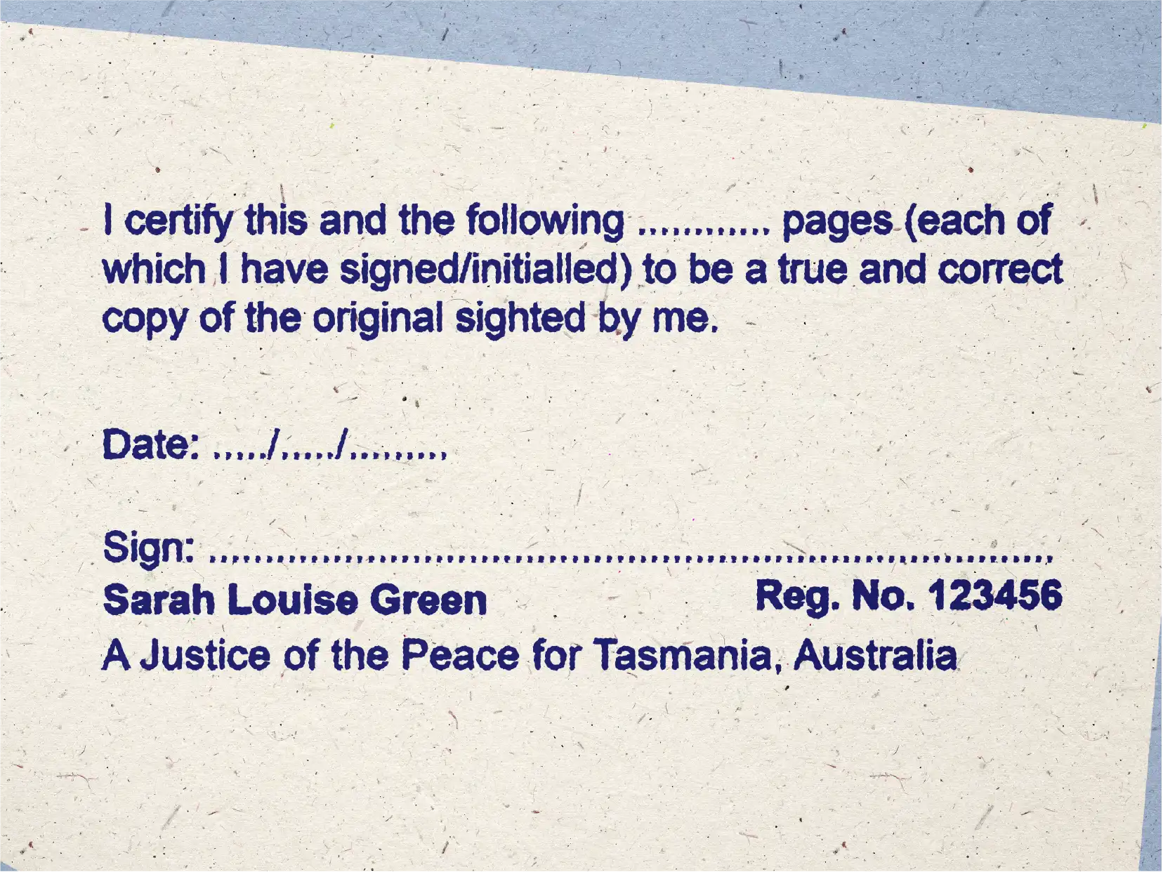 mock impression personalised TAS JP rubber stamp for multi page documents