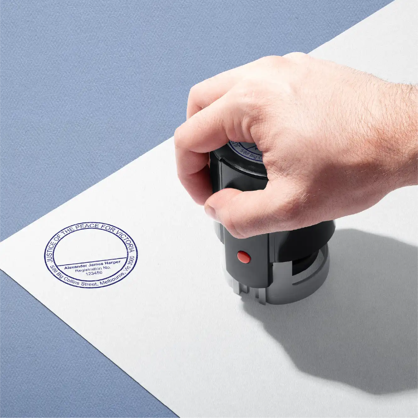 Self-inkinhg JP stamps include name-registration number title and signature compact blue ink