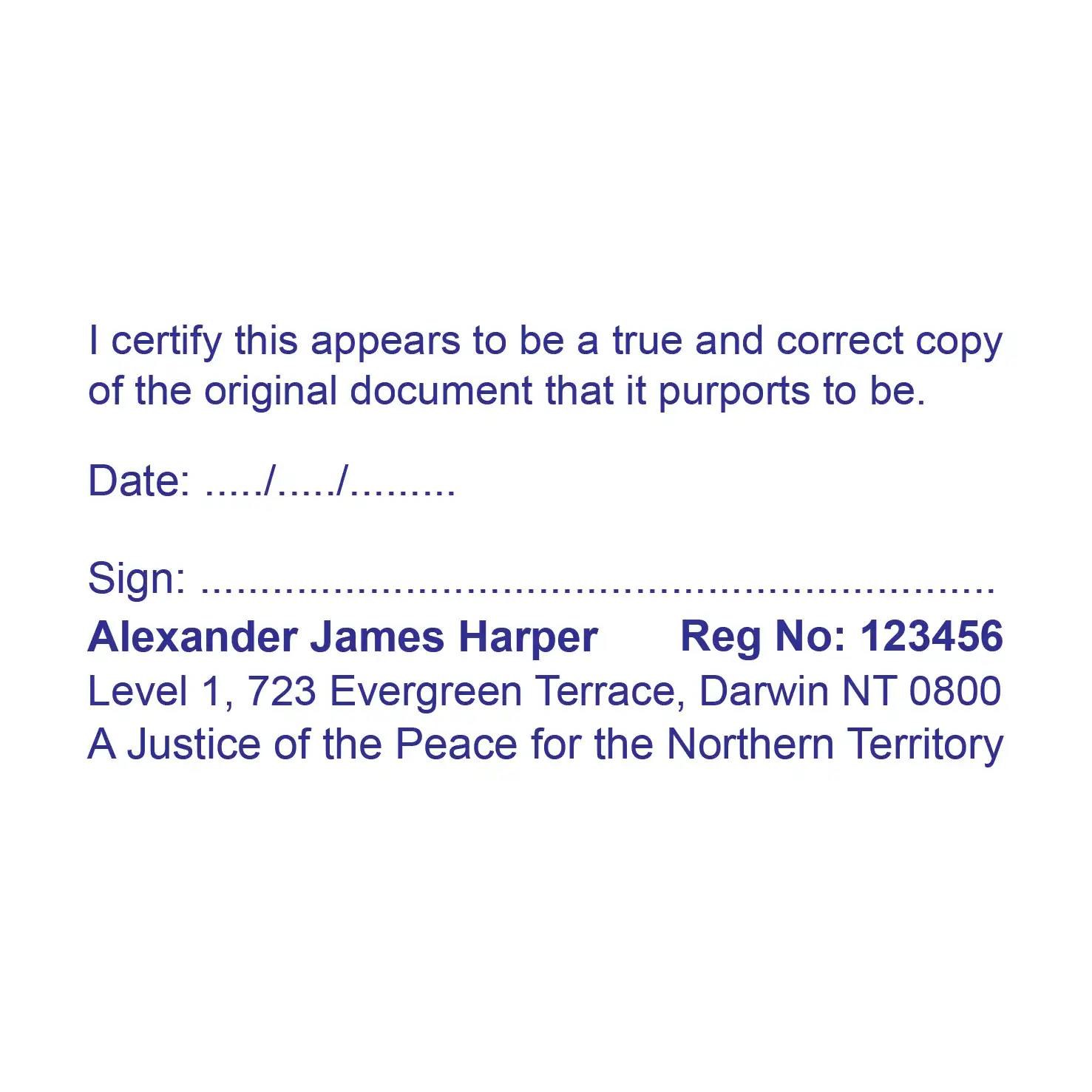 Blue Justice of the Peace Rubber Stamp Blue ink-True copy text