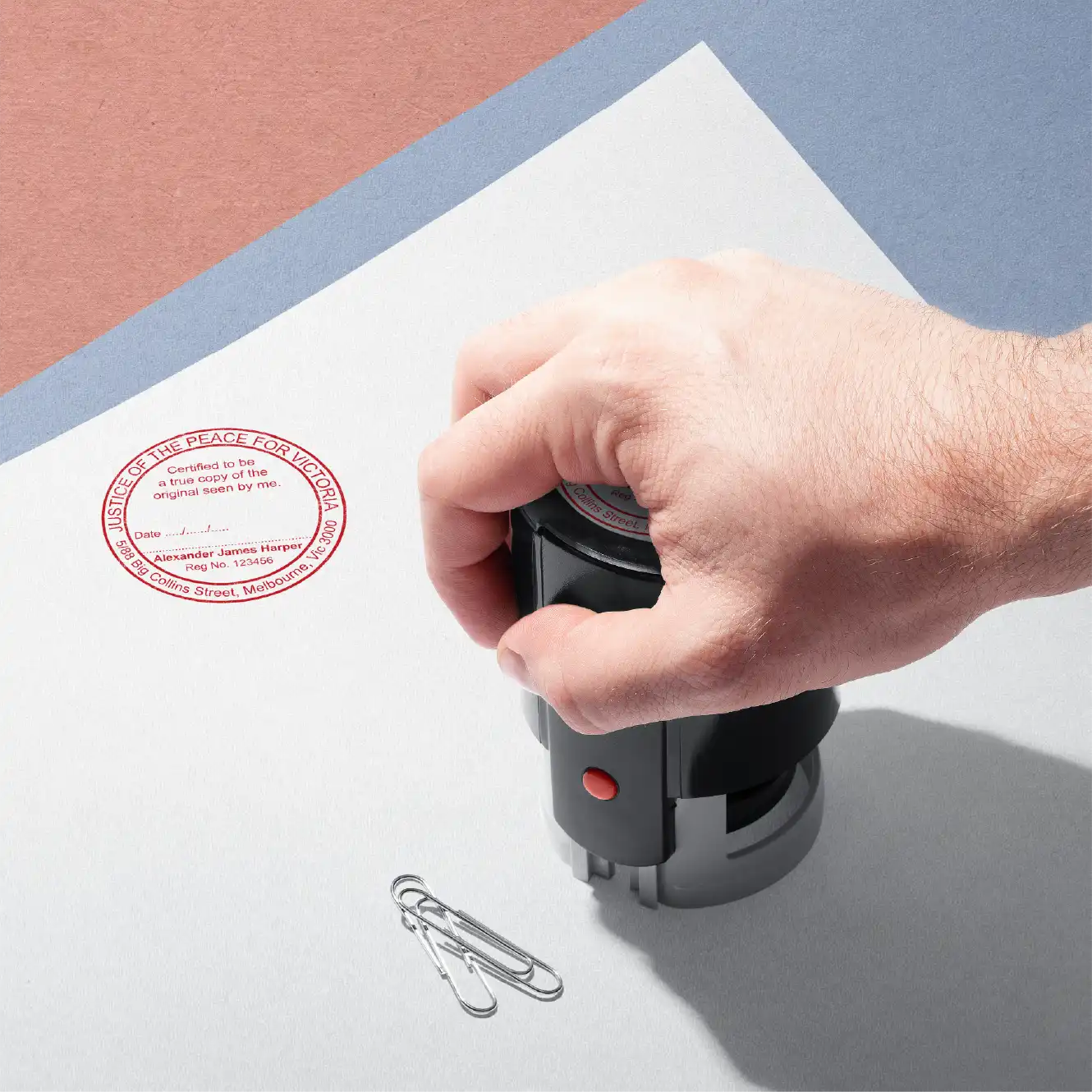 large victorian jp stamp with Name, True copy text, Address, registration details and signature and date