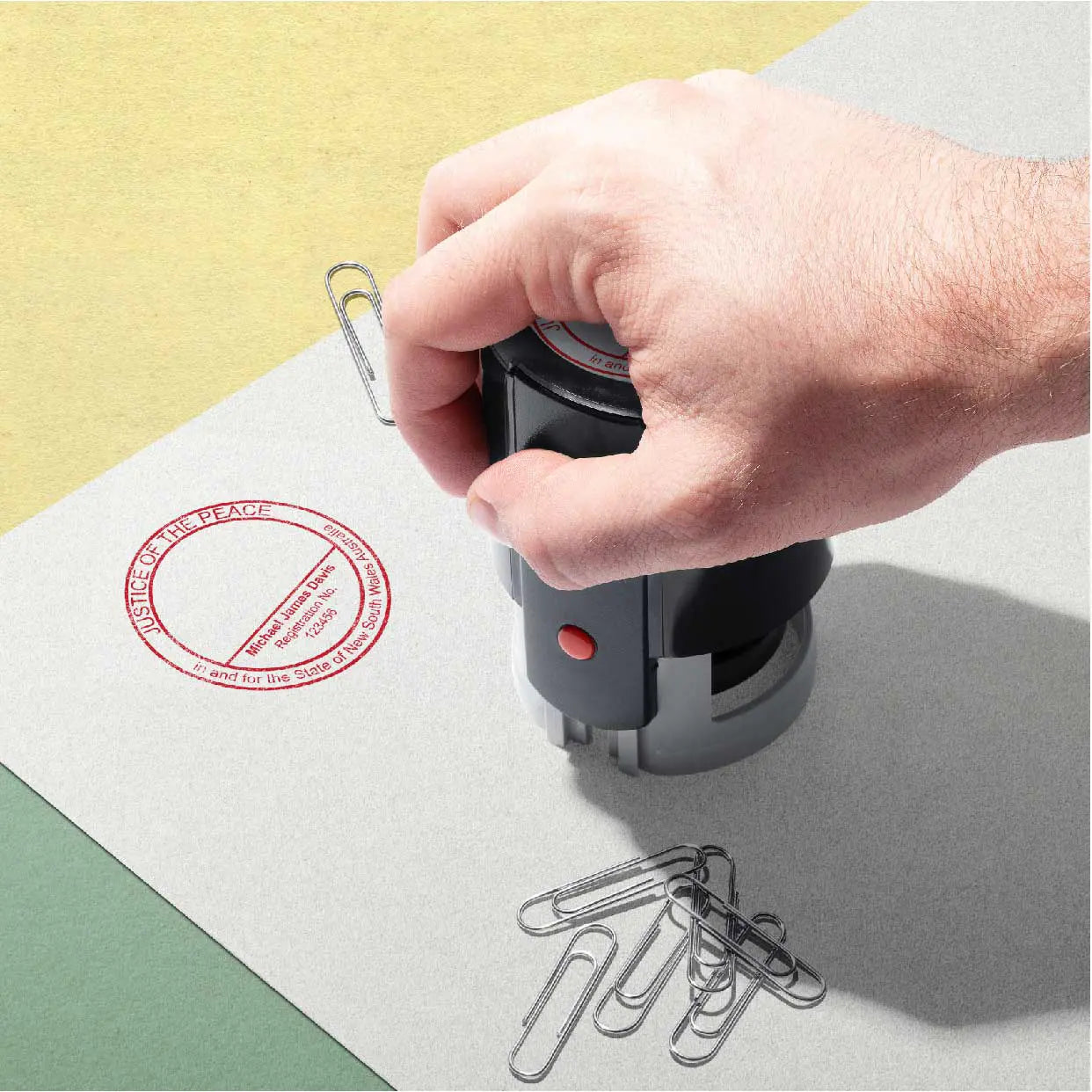 Custom round JP Stamp Red ink mock use case