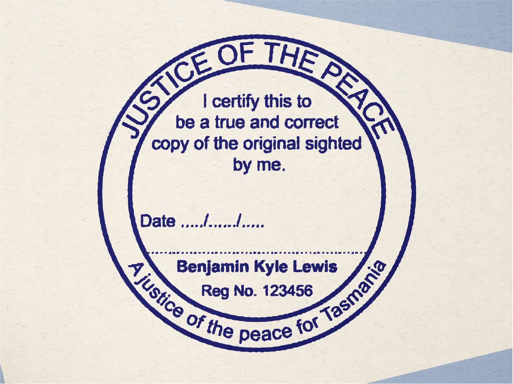 Blue mockup personalised JP true copy stamp Tasmania with name, signature line registration number state and title