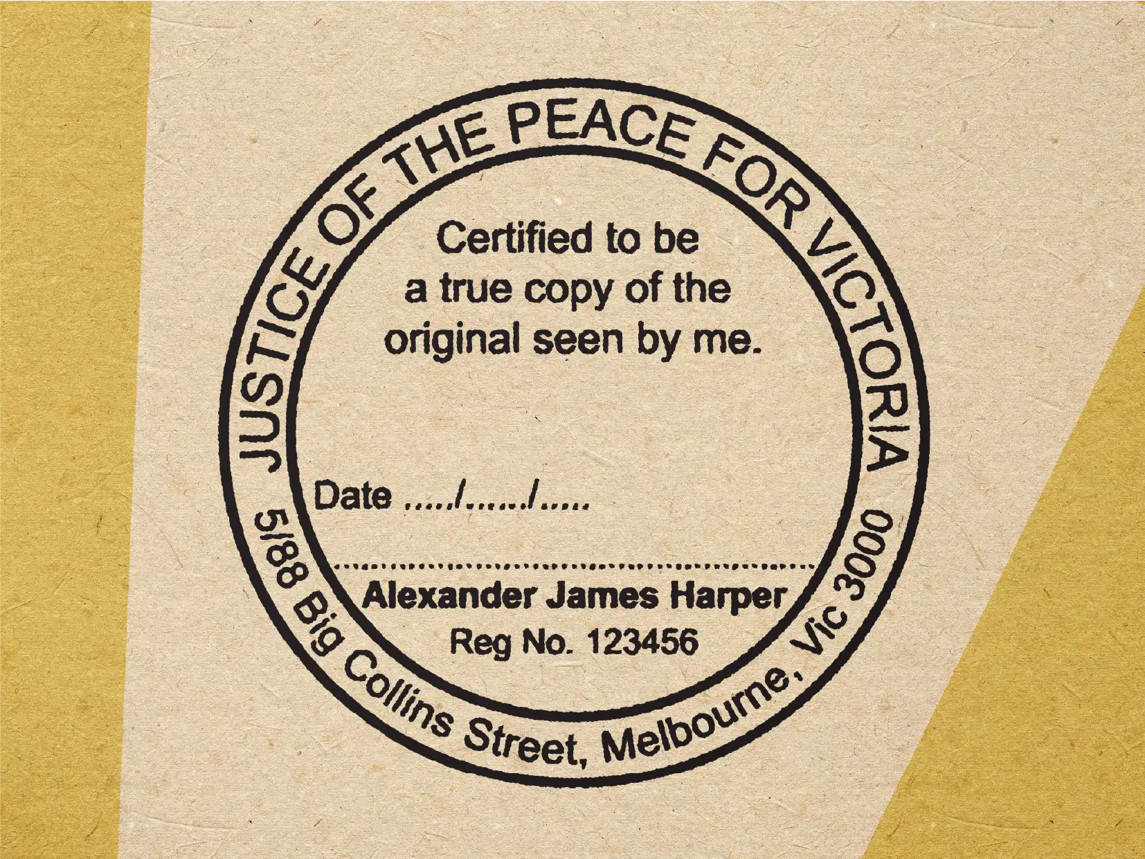 Black VIC JP self inking stamps personalised