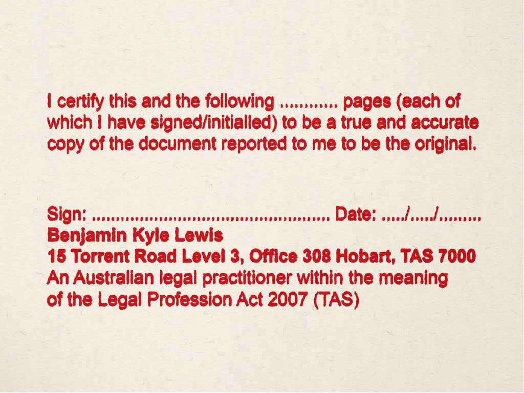 Tasmania Multi-page Legal Practitioner Stamp red ink mock impression