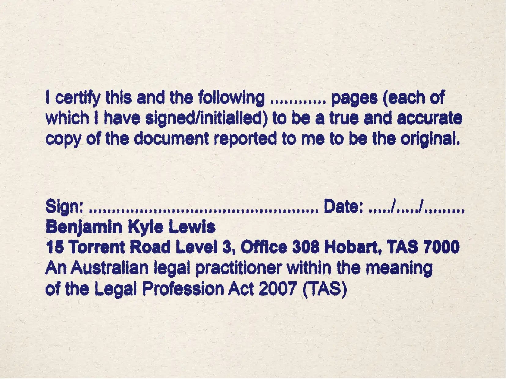Blue custom multi-page solicitor stamp