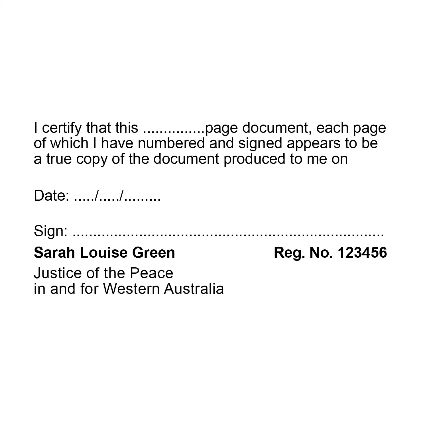 Black Stamp for Western Australia Justus of the Peace used to certify true copies of multi page documents