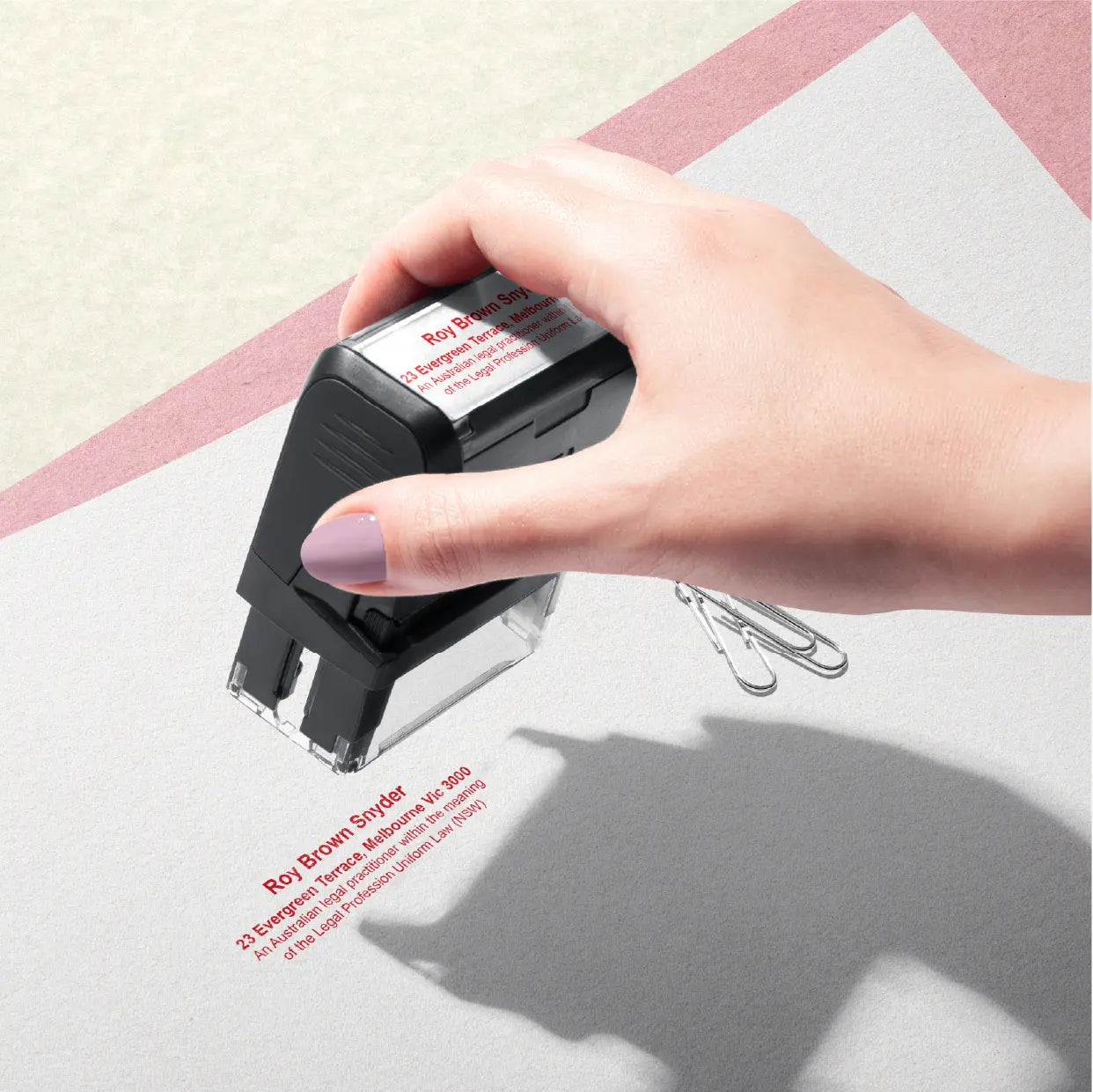 Hand stamping Australian Legal Practitioner Stamp red ink