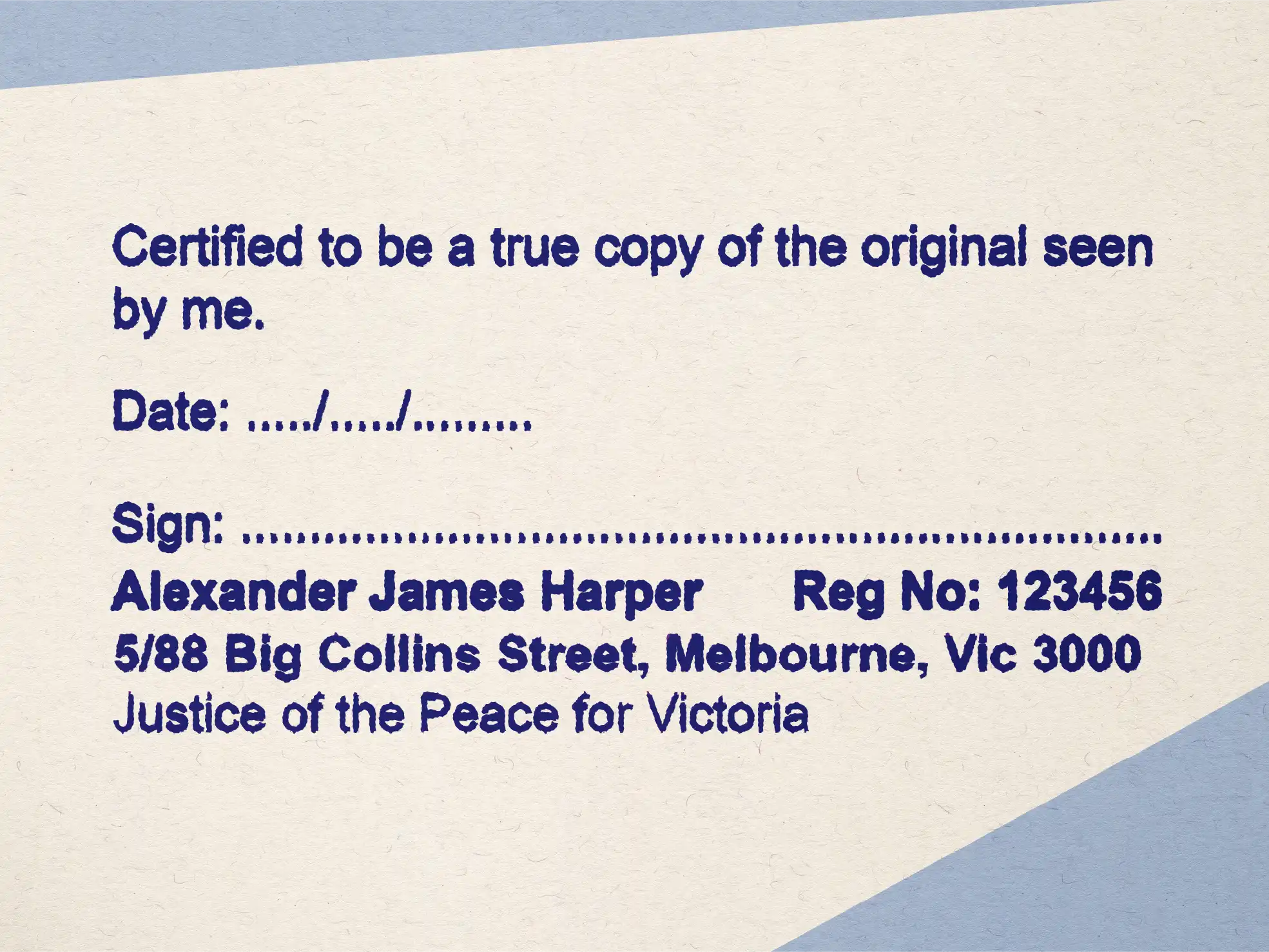 mock impression Large JP rubber stamp VIC True copy