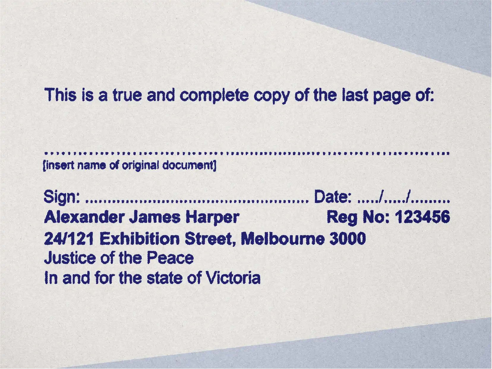 mock impression blue JP stamp for Certifying powers of attorney last page