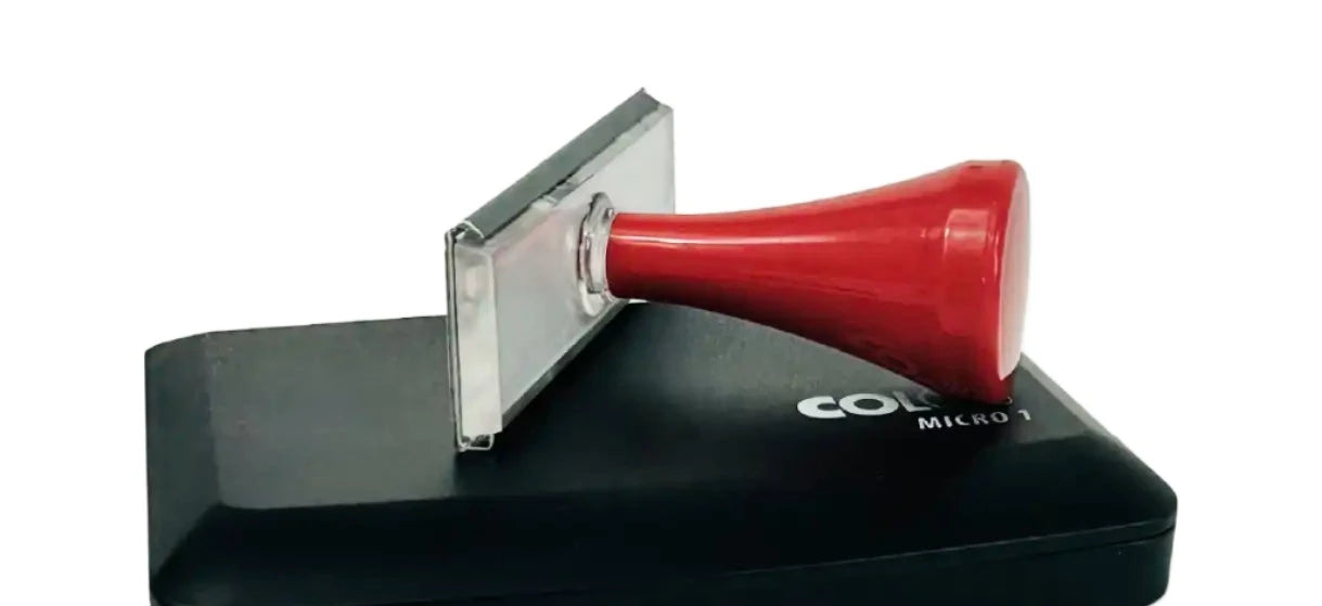 Red handle stamp with ink pad, Vuestamp S18 and colop micro 1