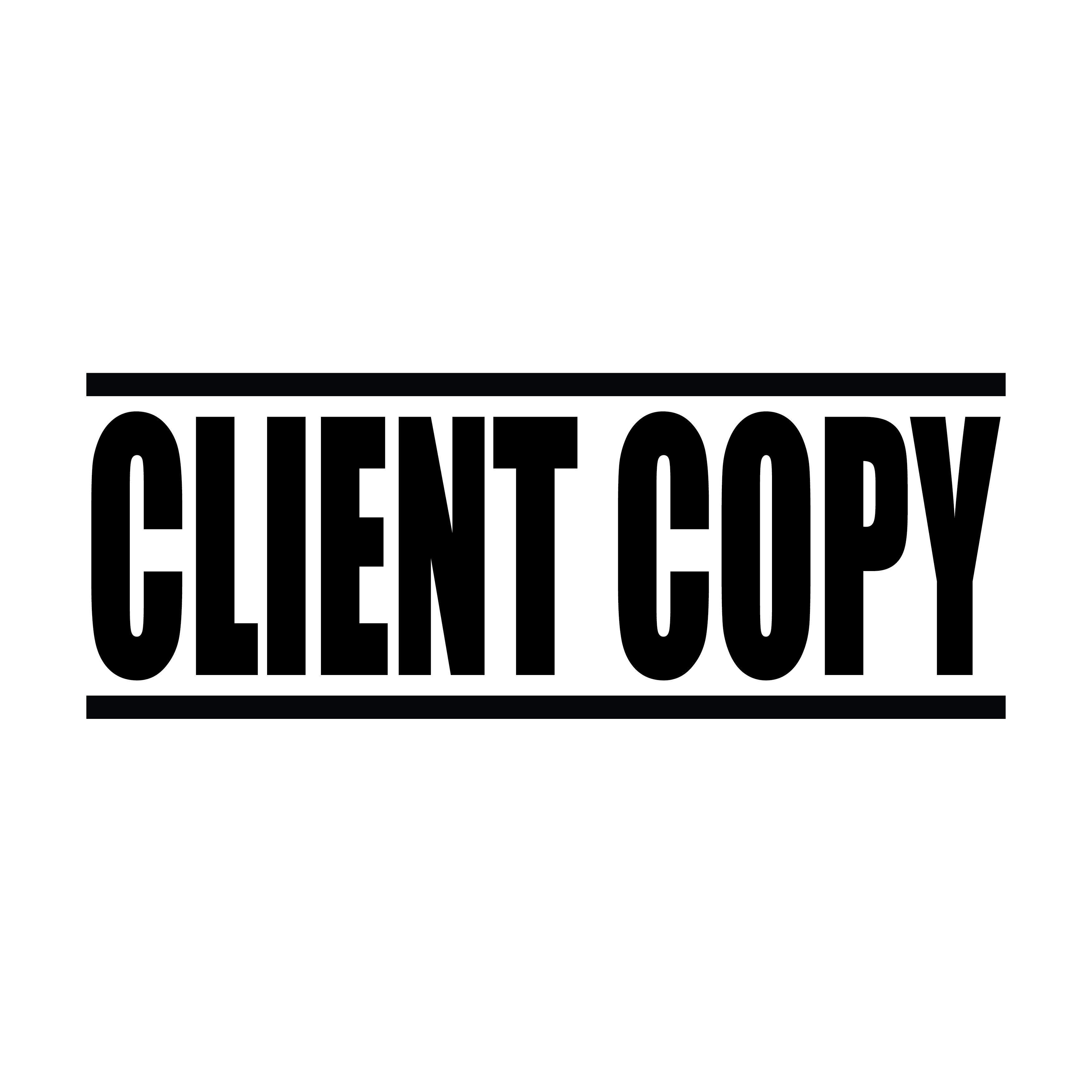 "A black self inking rubber stamp with the word 'CLIENT COPY' printed in bold capital letters in black ink. stampers hand stamp office business inventory documents black ink
"