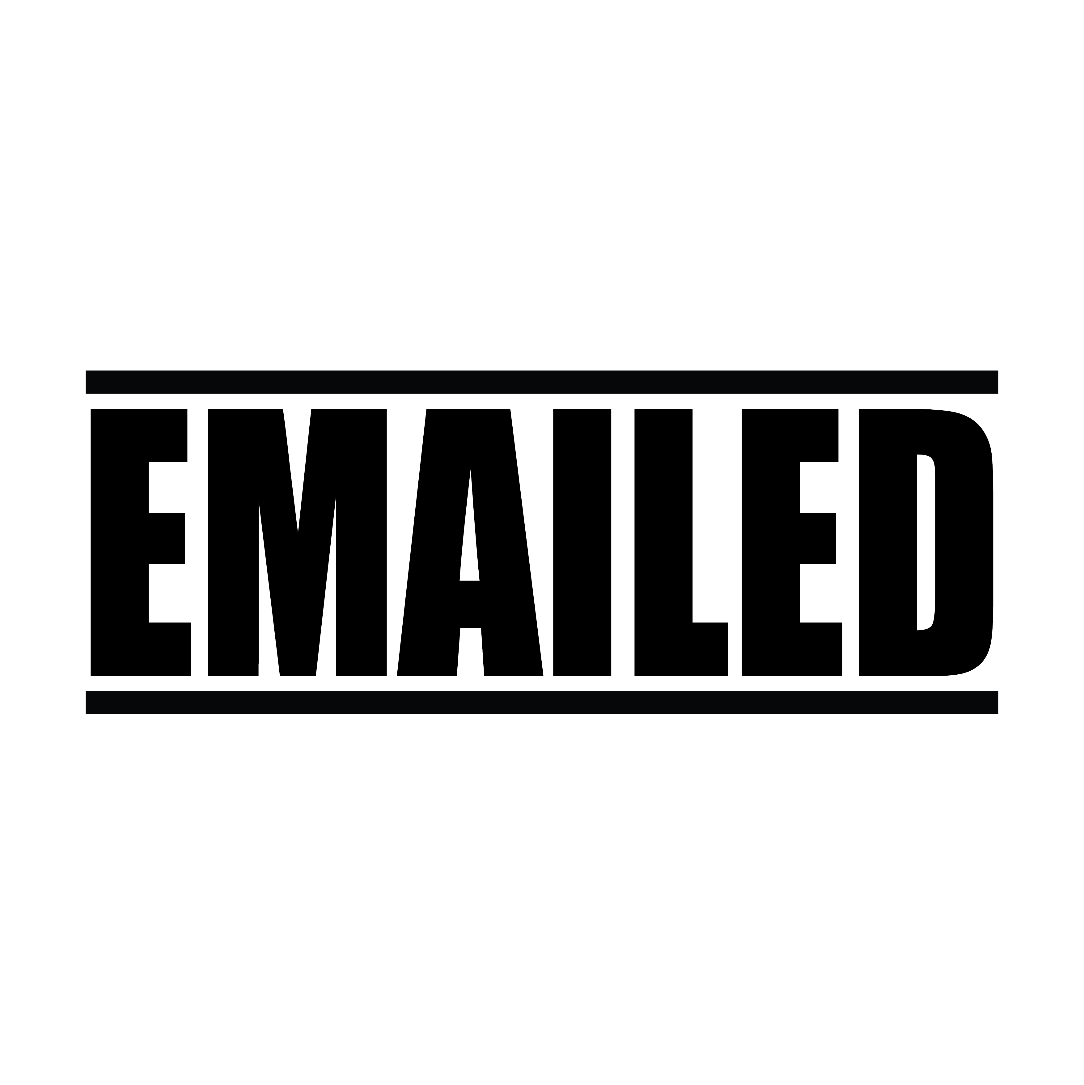 A black self inking rubber stamp with the word 'EMAILED' printed in bold capital letters in black ink. stampers hand stamp office business inventory documents