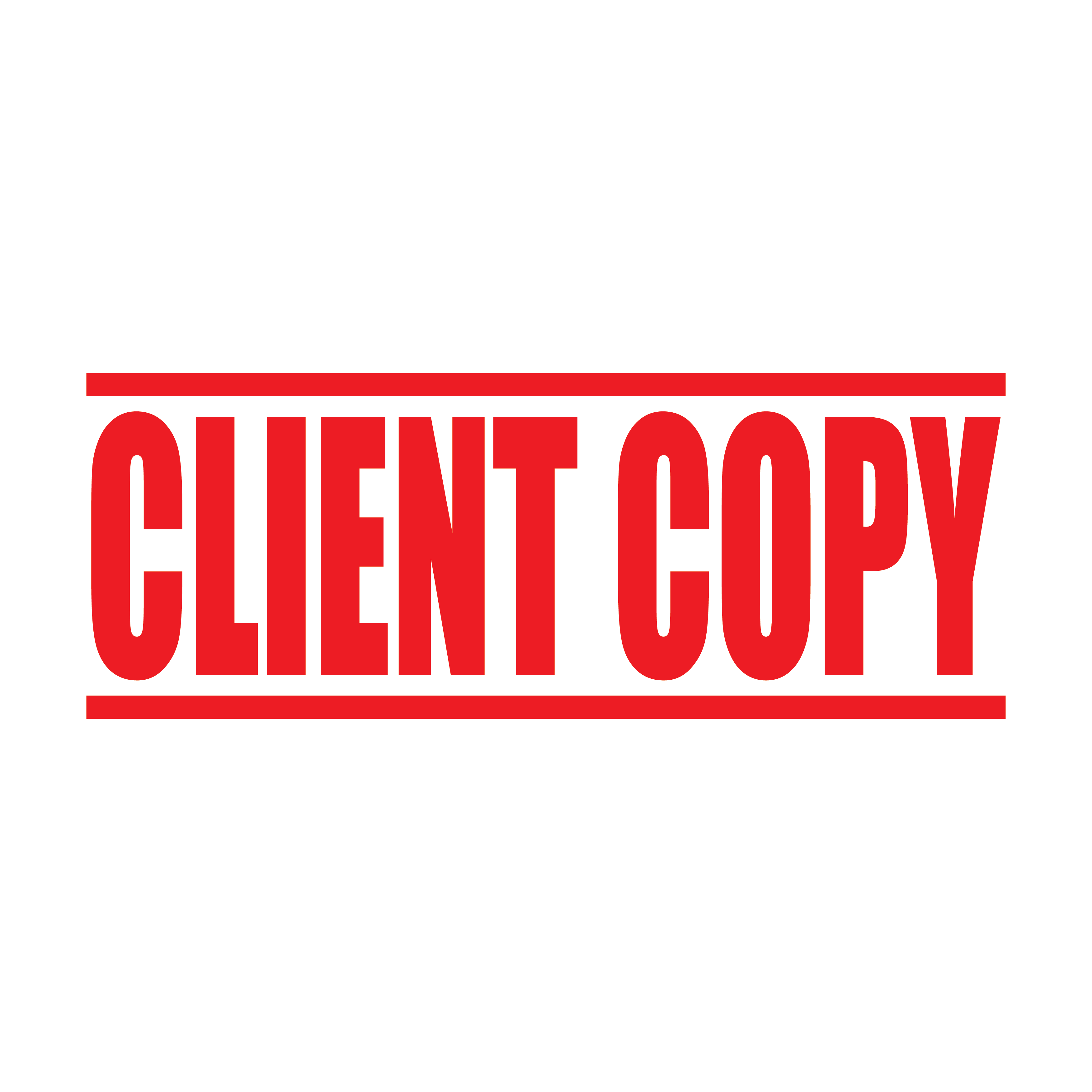 "A red self inking rubber stamp with the word 'CLIENT COPY' printed in bold capital letters in red ink. stampers hand stamp office business inventory documents red ink
"