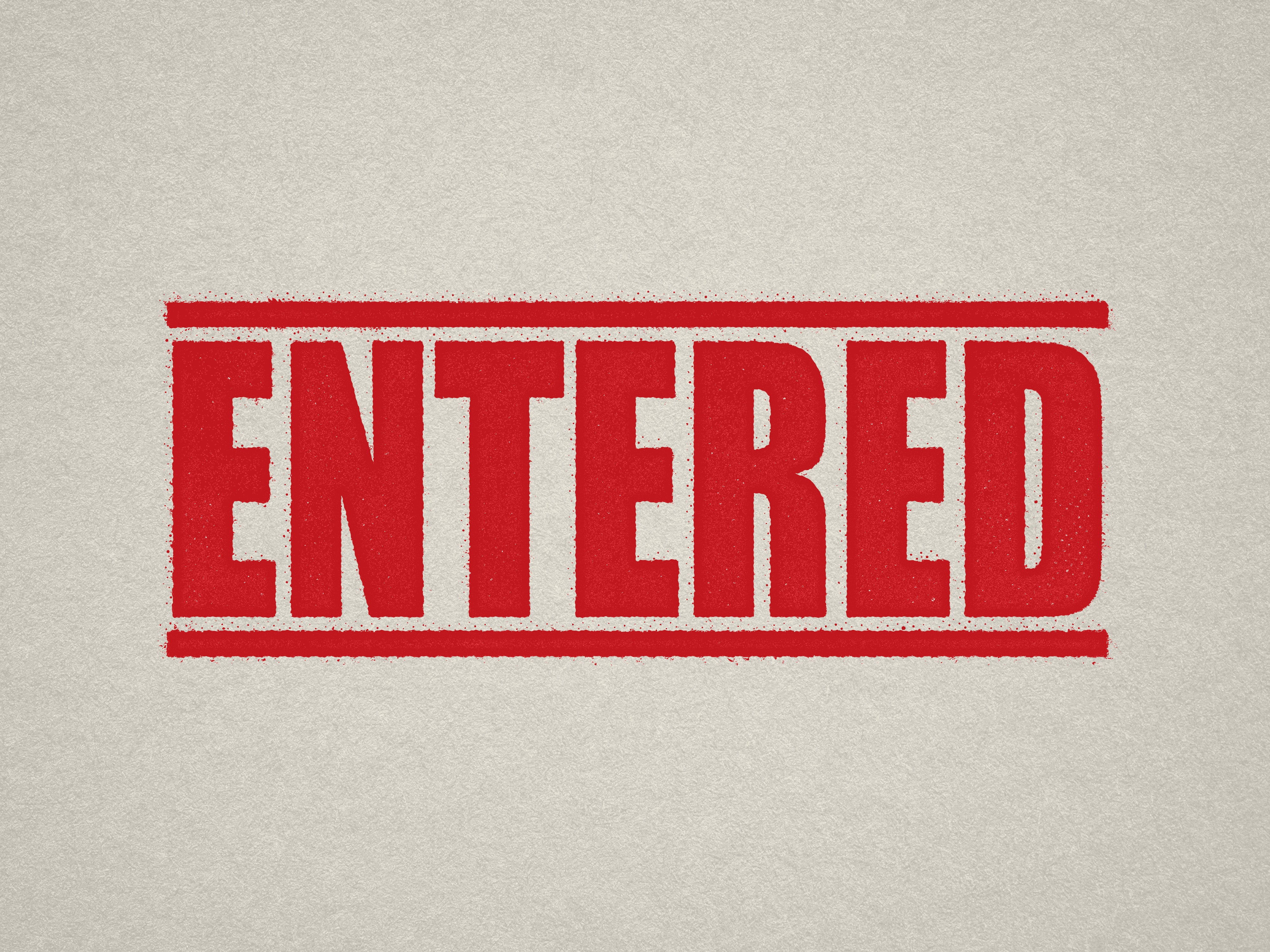 Mock up design or lifestyle image of 'ENTERED' rubber stamp red ink in paper background stampers hand stamp office business inventory documents self inking prefill refillable stamps stamping