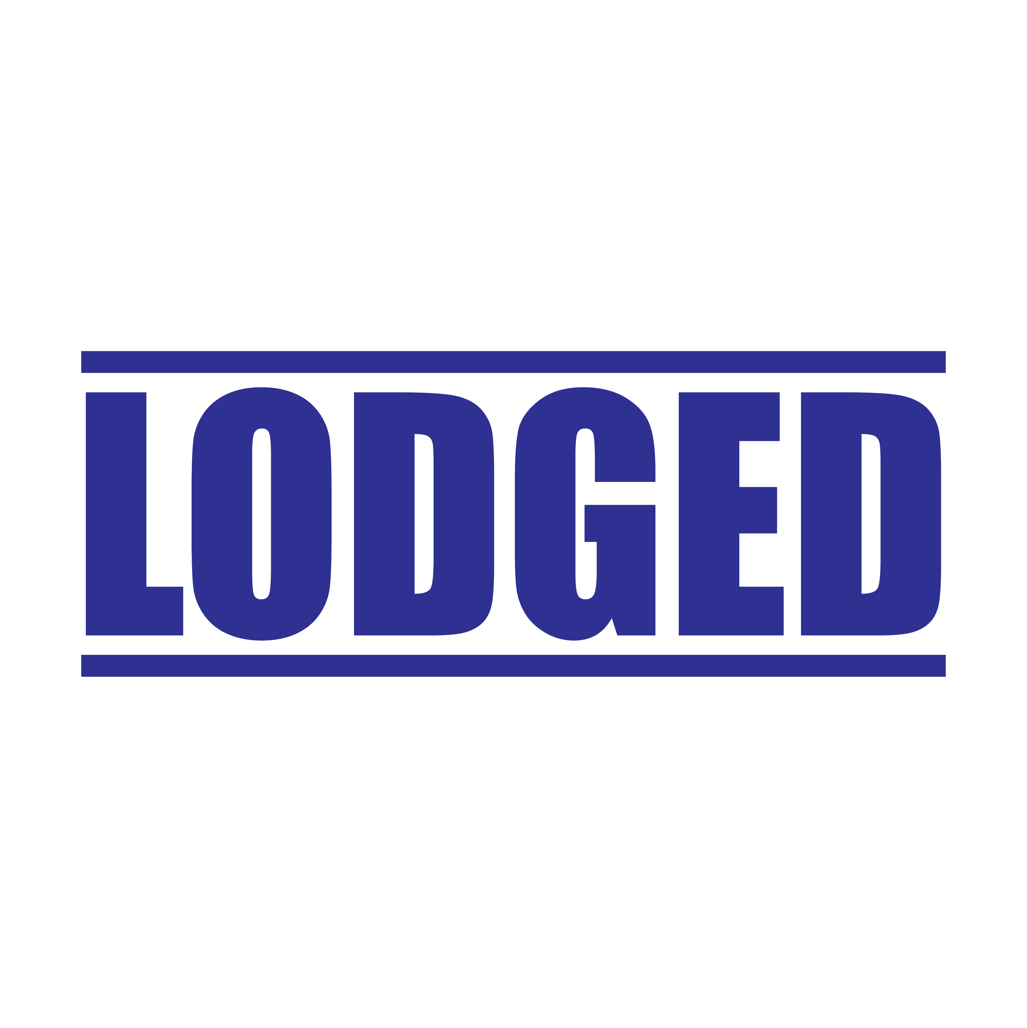 A blue self inking rubber stamp with the word 'Lodged' printed in bold capital letters in blue ink. stampers hand stamp office business inventory documents