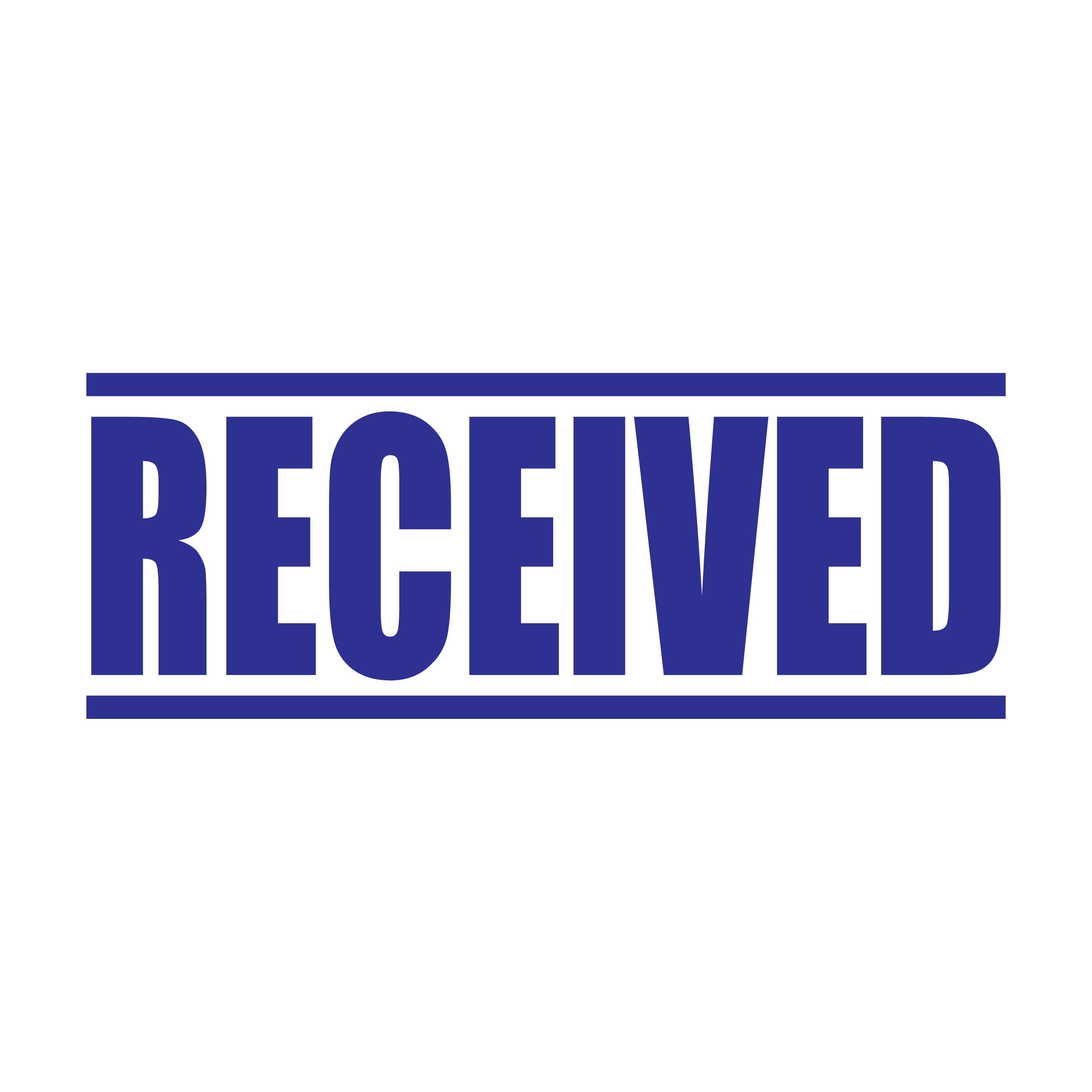 A blue self inking rubber stamp with the word 'Received ' printed in bold capital letters in blue ink. stampers hand stamp office business inventory documents self inking prefill refillable stamps stamping