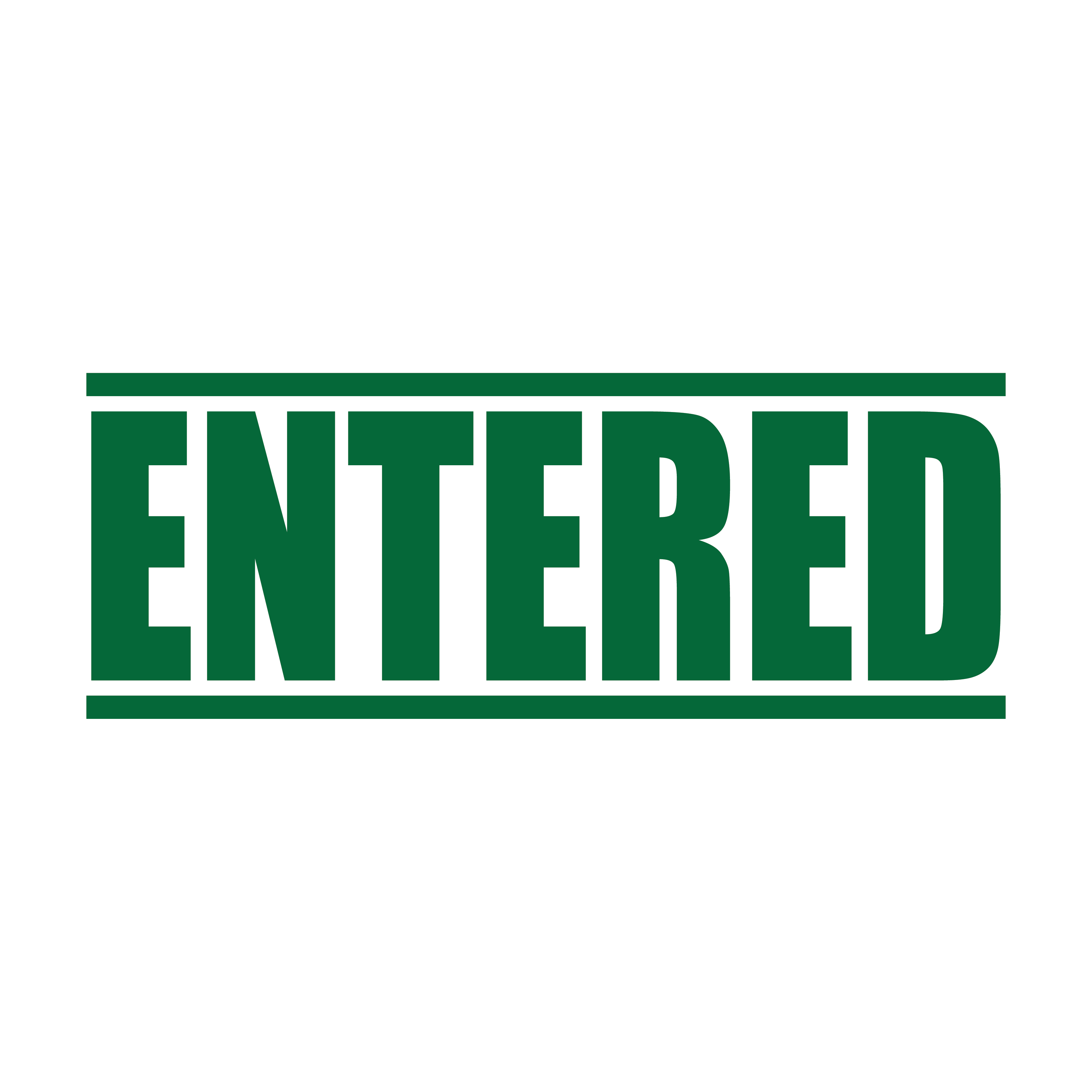 A green self inking rubber stamp with the word 'ENTERED' printed in bold capital letters in green ink. stampers hand stamp office business inventory documents green
ink