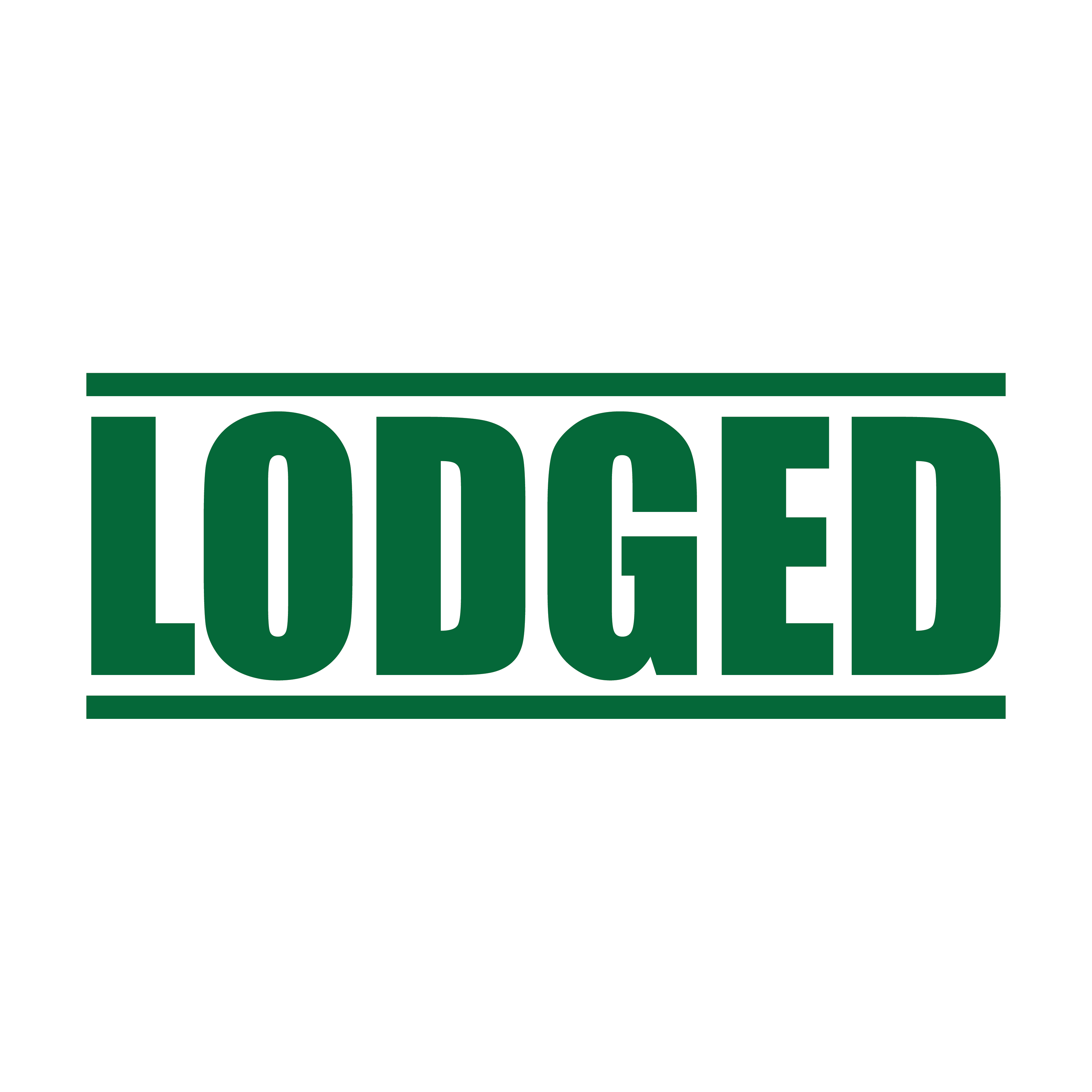 A green self inking rubber stamp with the word 'Lodged' printed in bold capital letters in green ink. stampers hand stamp office business inventory documents