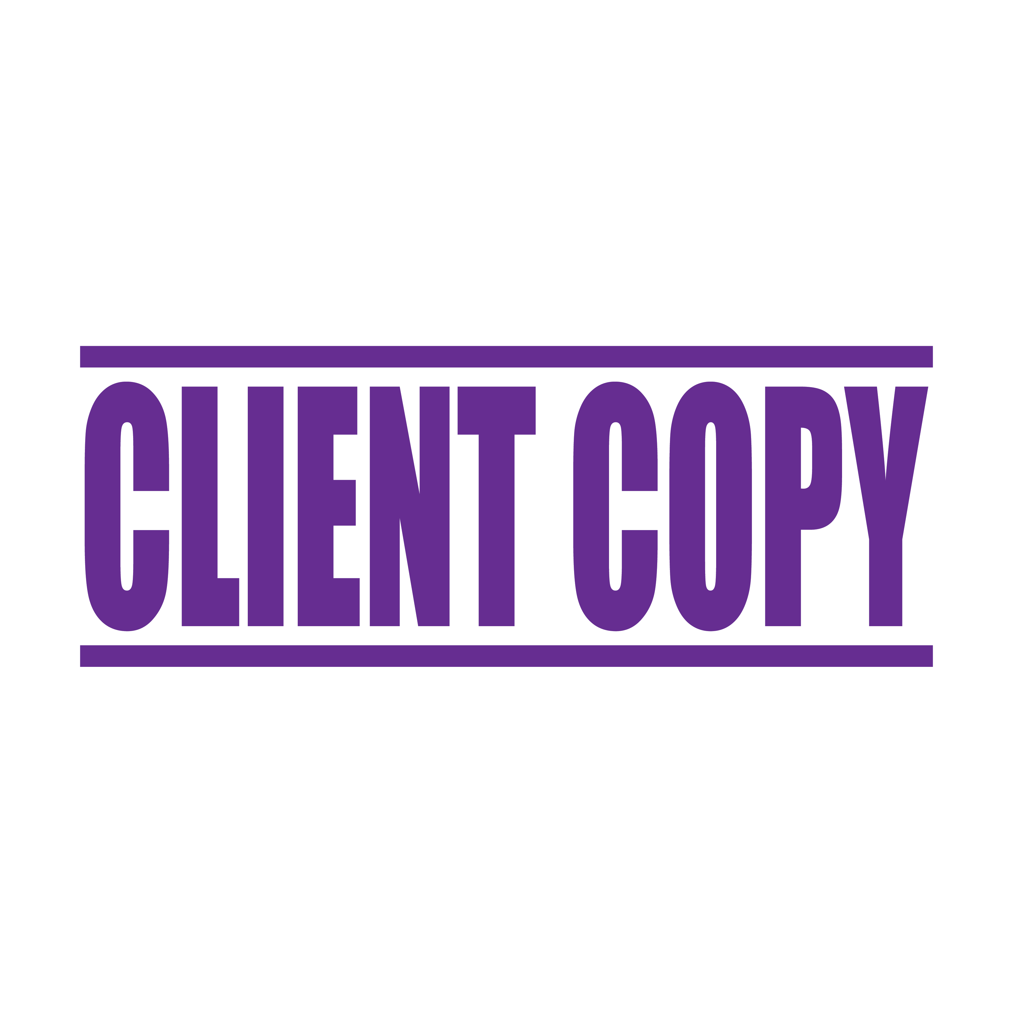 "A violet self inking rubber stamp with the word 'CLIENT COPY' printed in bold capital letters in violet ink. stampers hand stamp office business inventory documents sky violet/purple ink
"