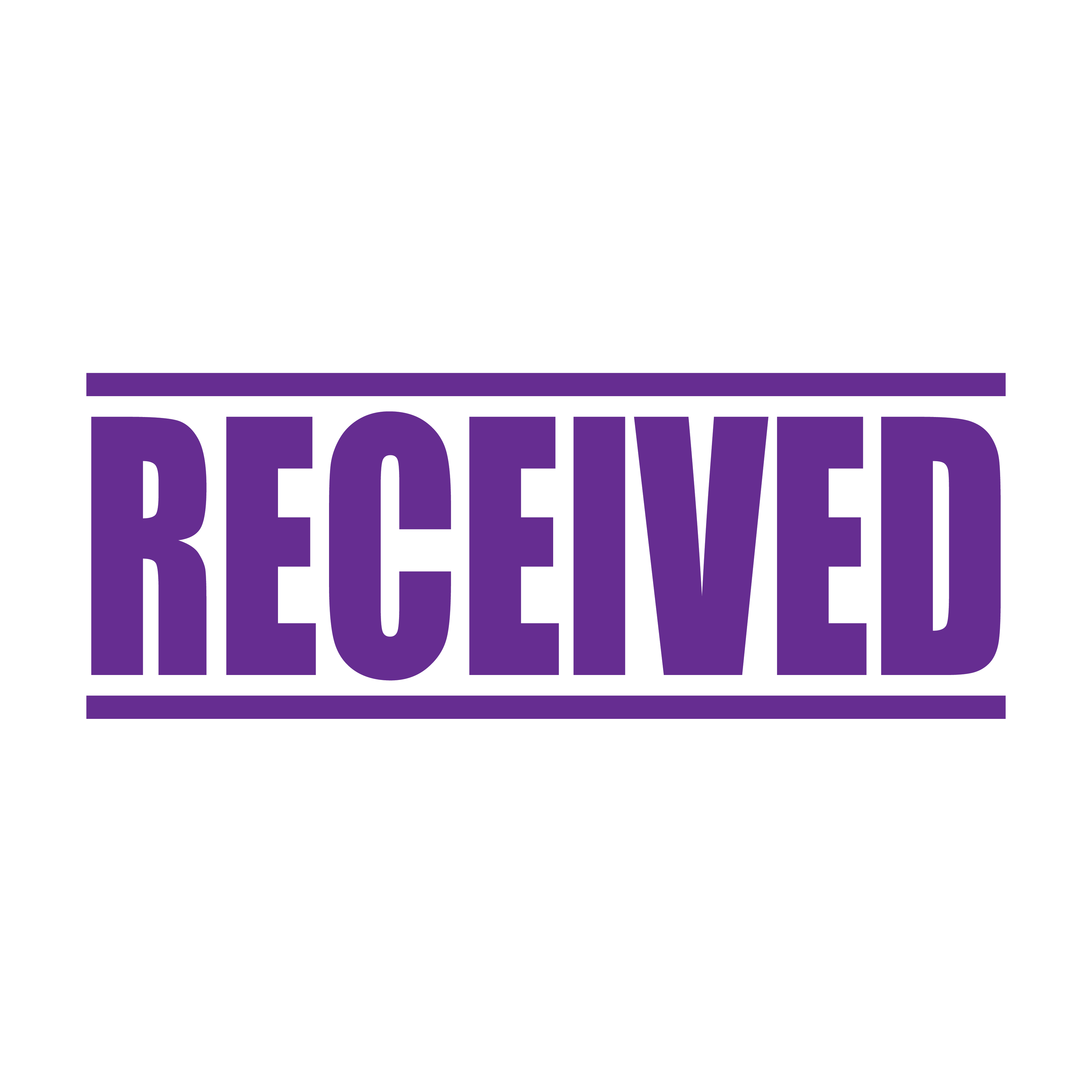A violet self inking rubber stamp with the word 'Received ' printed in bold capital letters in violet ink. stampers hand stamp office business inventory documents self inking prefill refillable stamps stamping purple